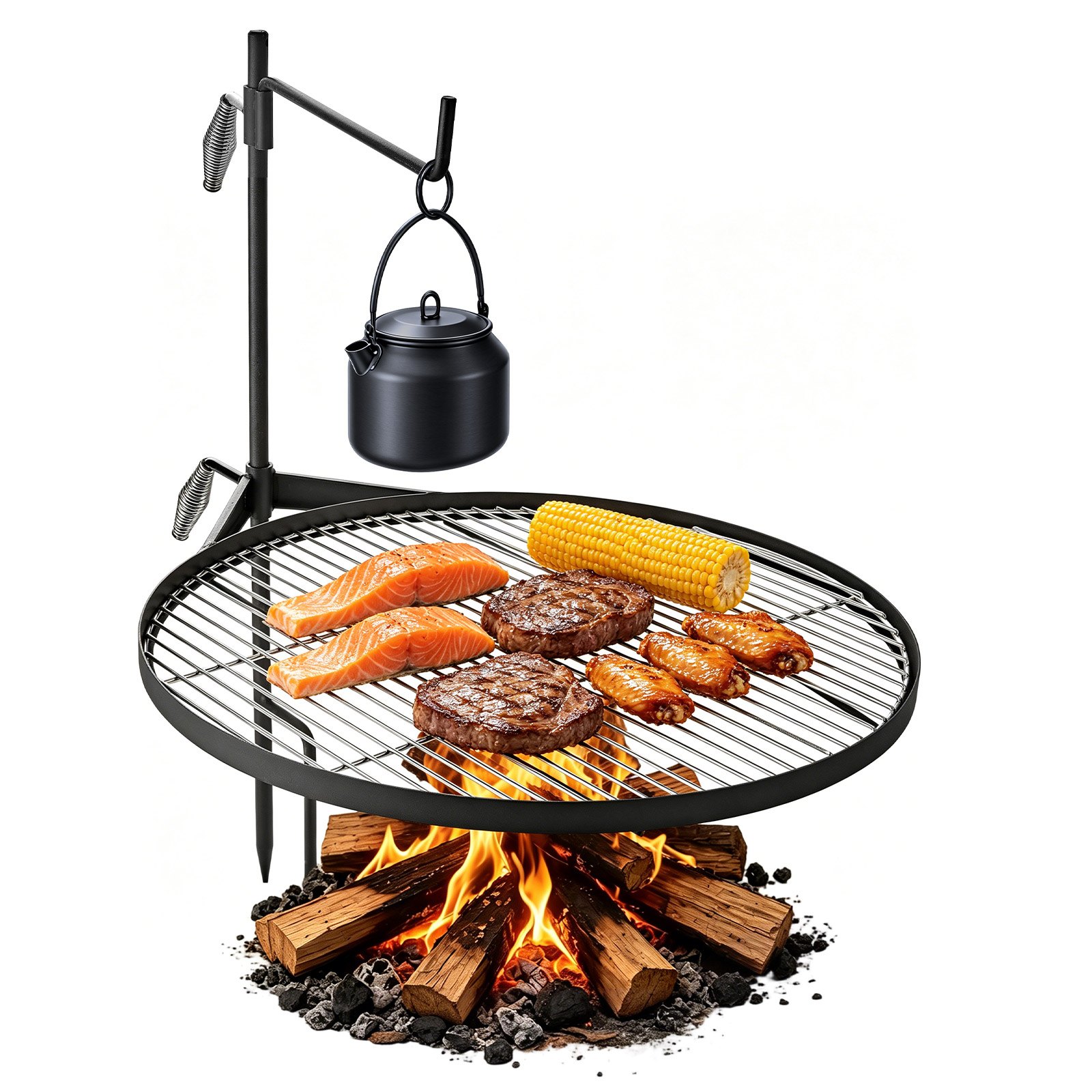 VEVOR Parrilla Redonda para Hoguera 620 mm Giratoria de Acero al Carbono, Parrilla para Fogatas, Con Soporte en Forma de Z, Portátil, Soporta hasta 600°C, para Fuego Abierto, Camping, Jardín, Negro