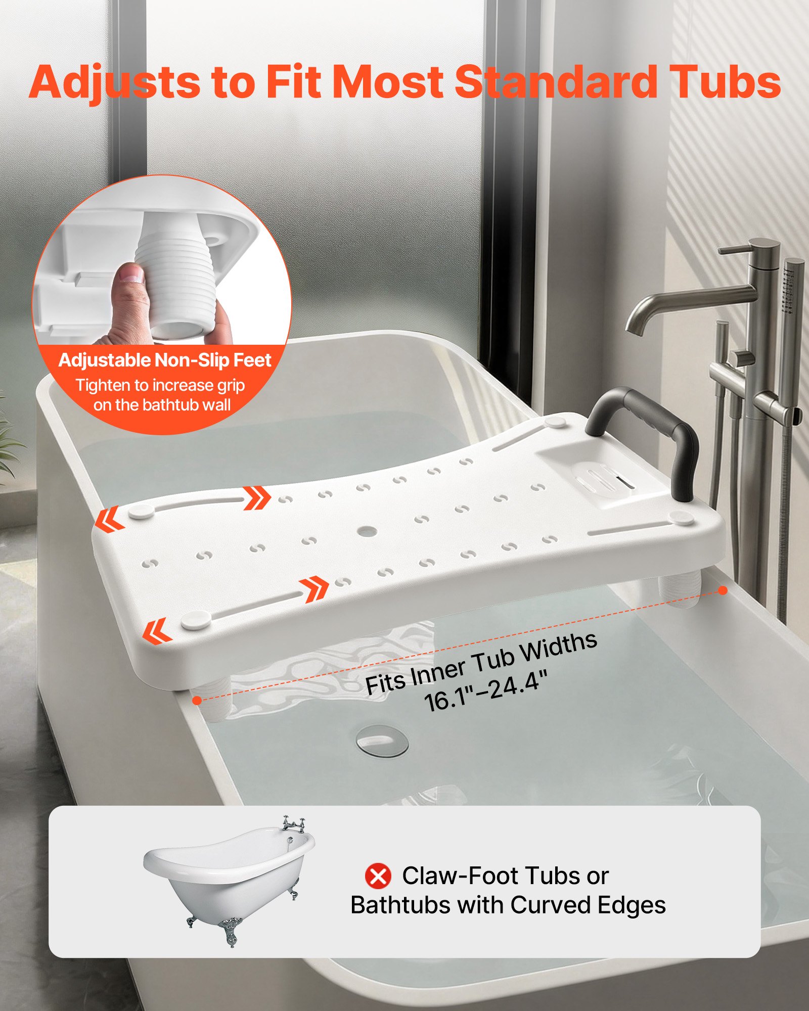 VEVOR Tabla de Bañera Ajustable 41-62 cm, Asiento de Bañera con Mango Carga de 150 kg, Silla de Bañera con Patas Antideslizantes Ajustables para Adultos, Personas Mayores, Personas con Discapacidad