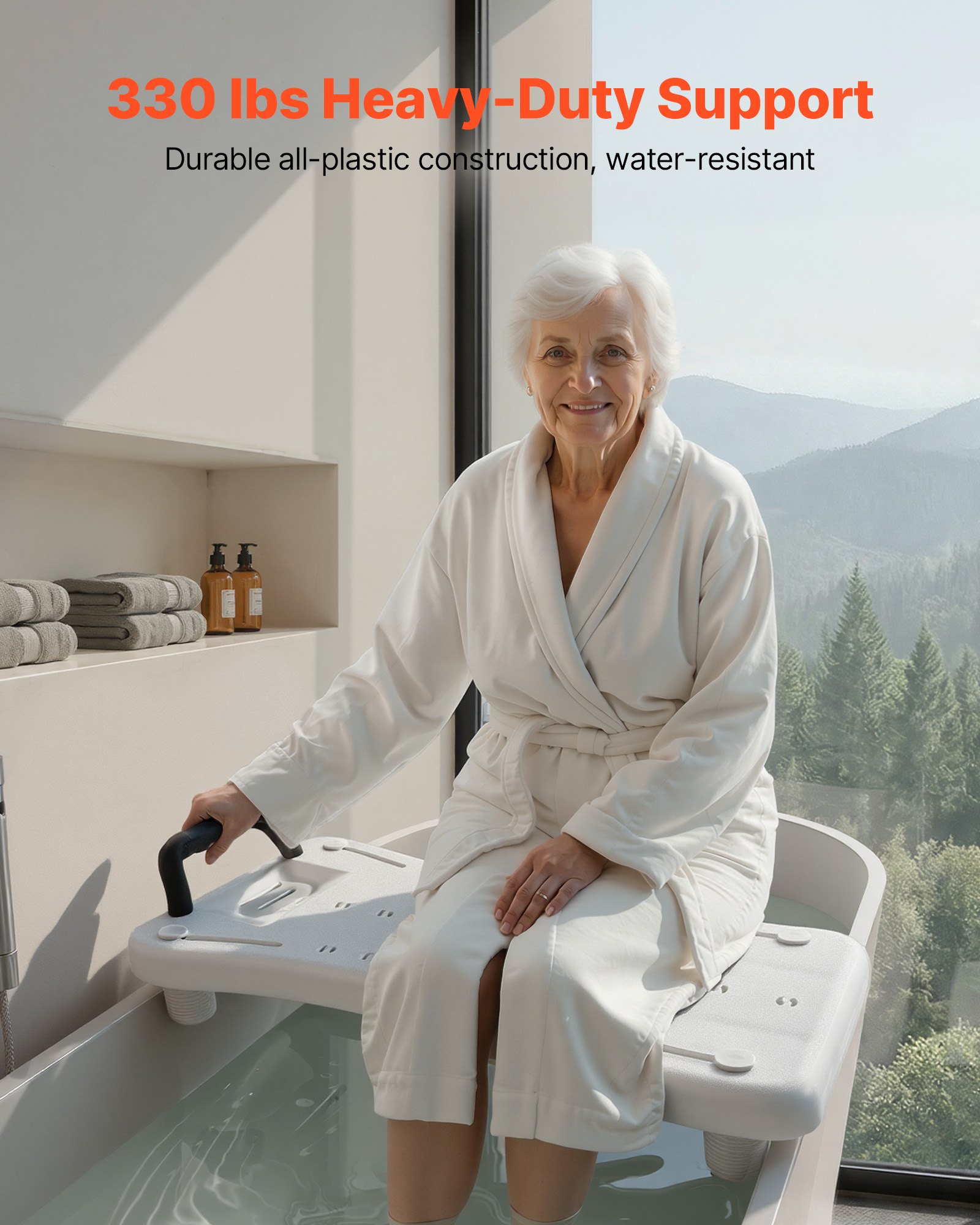 VEVOR Tabla de Bañera Ajustable 41-62 cm, Asiento de Bañera con Mango Carga de 150 kg, Silla de Bañera con Patas Antideslizantes Ajustables para Adultos, Personas Mayores, Personas con Discapacidad