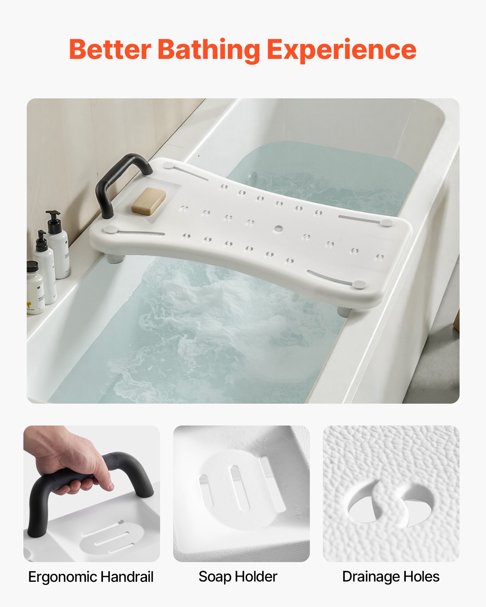 VEVOR Tabla de Bañera Ajustable 41-62 cm, Asiento de Bañera con Mango Carga de 150 kg, Silla de Bañera con Patas Antideslizantes Ajustables para Adultos, Personas Mayores, Personas con Discapacidad
