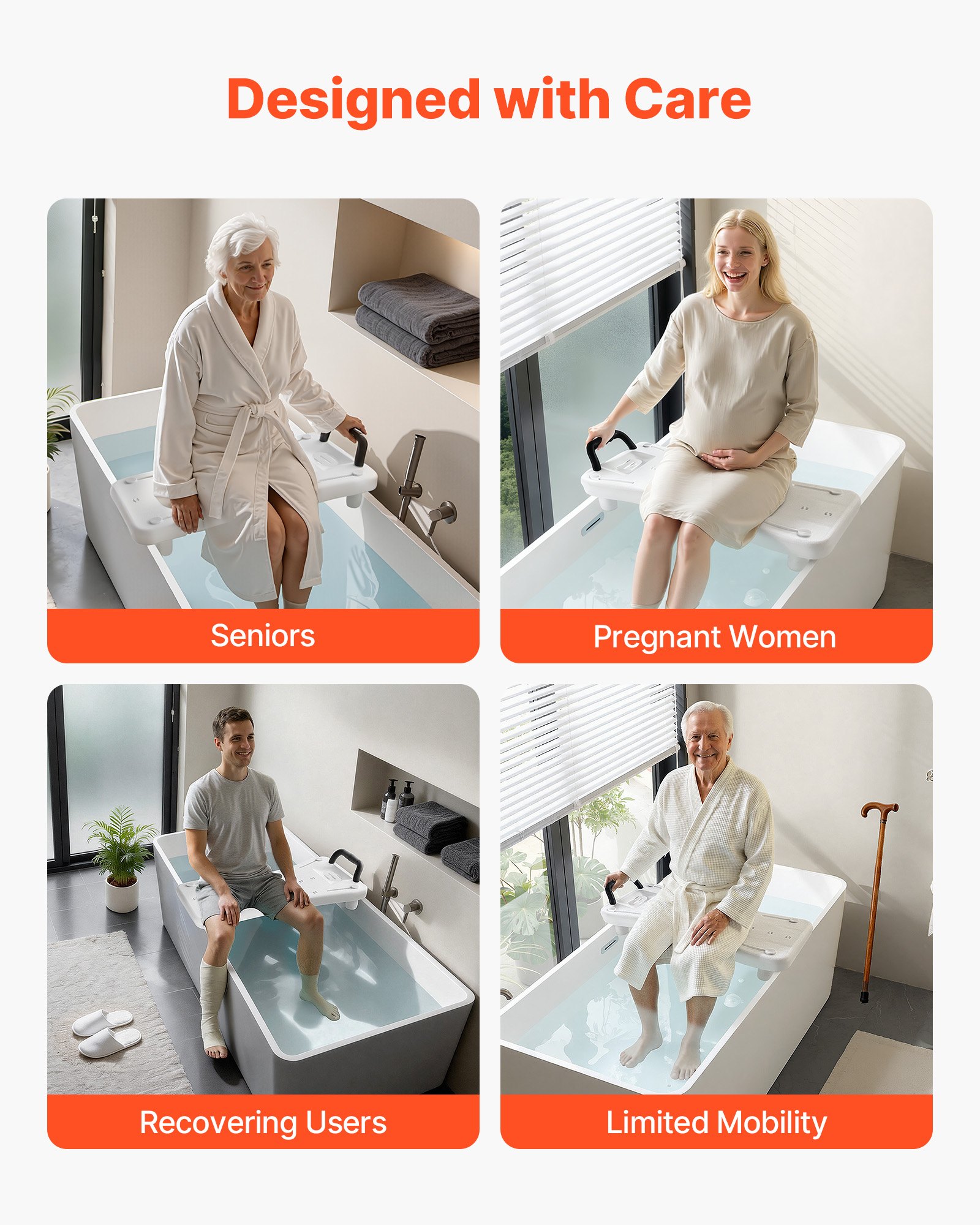 VEVOR Tabla de Bañera Ajustable 41-62 cm, Asiento de Bañera con Mango Carga de 150 kg, Silla de Bañera con Patas Antideslizantes Ajustables para Adultos, Personas Mayores, Personas con Discapacidad