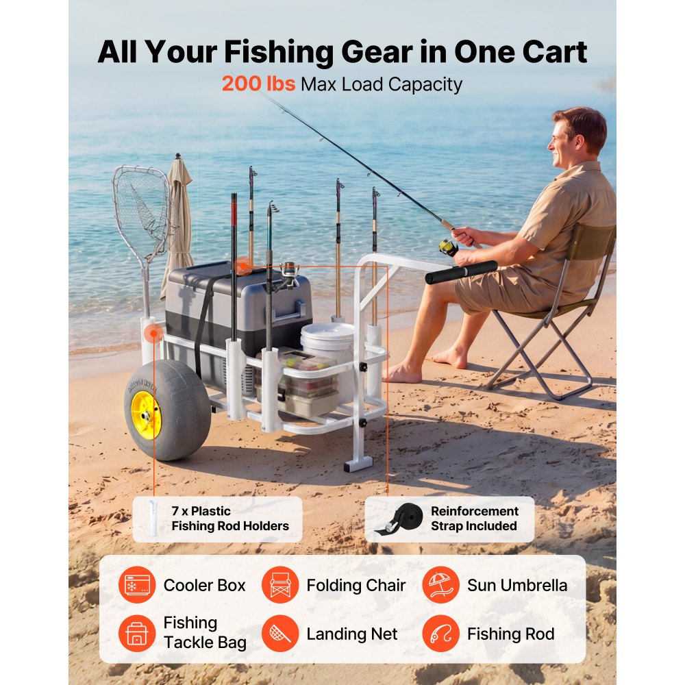 VEVOR Carro de Pesca para Playa con Ruedas Inflables de PU 330 mm y Portacañas, 7 Soportes para Cañas, Carrito para Playa de Acero al Carbono con Capacidad de 90 kg, Transporte para Camping Exteriores