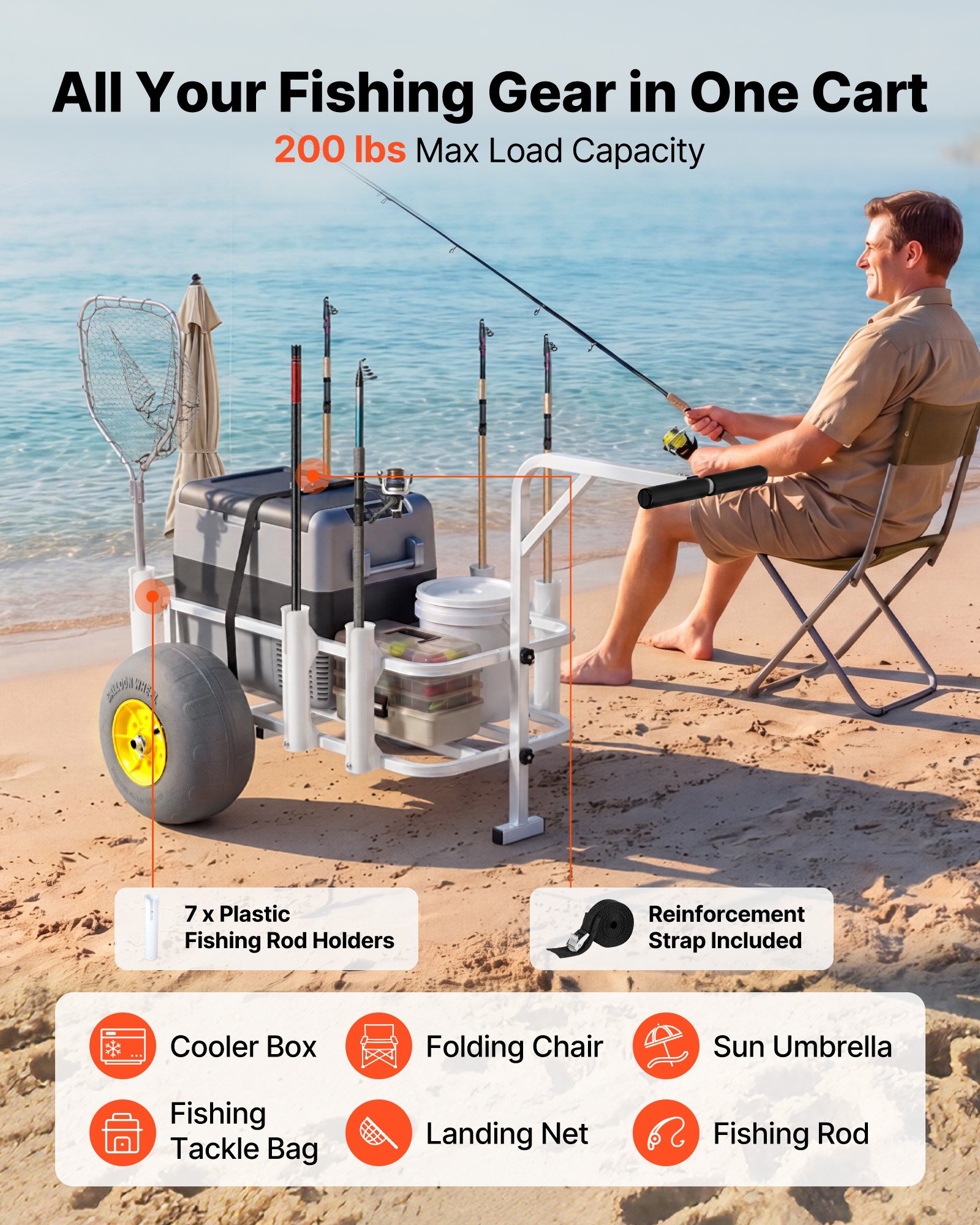 VEVOR Carro de Pesca para Playa con Ruedas Inflables de PU 330 mm y Portacañas, 7 Soportes para Cañas, Carrito para Playa de Acero al Carbono con Capacidad de 90 kg, Transporte para Camping Exteriores
