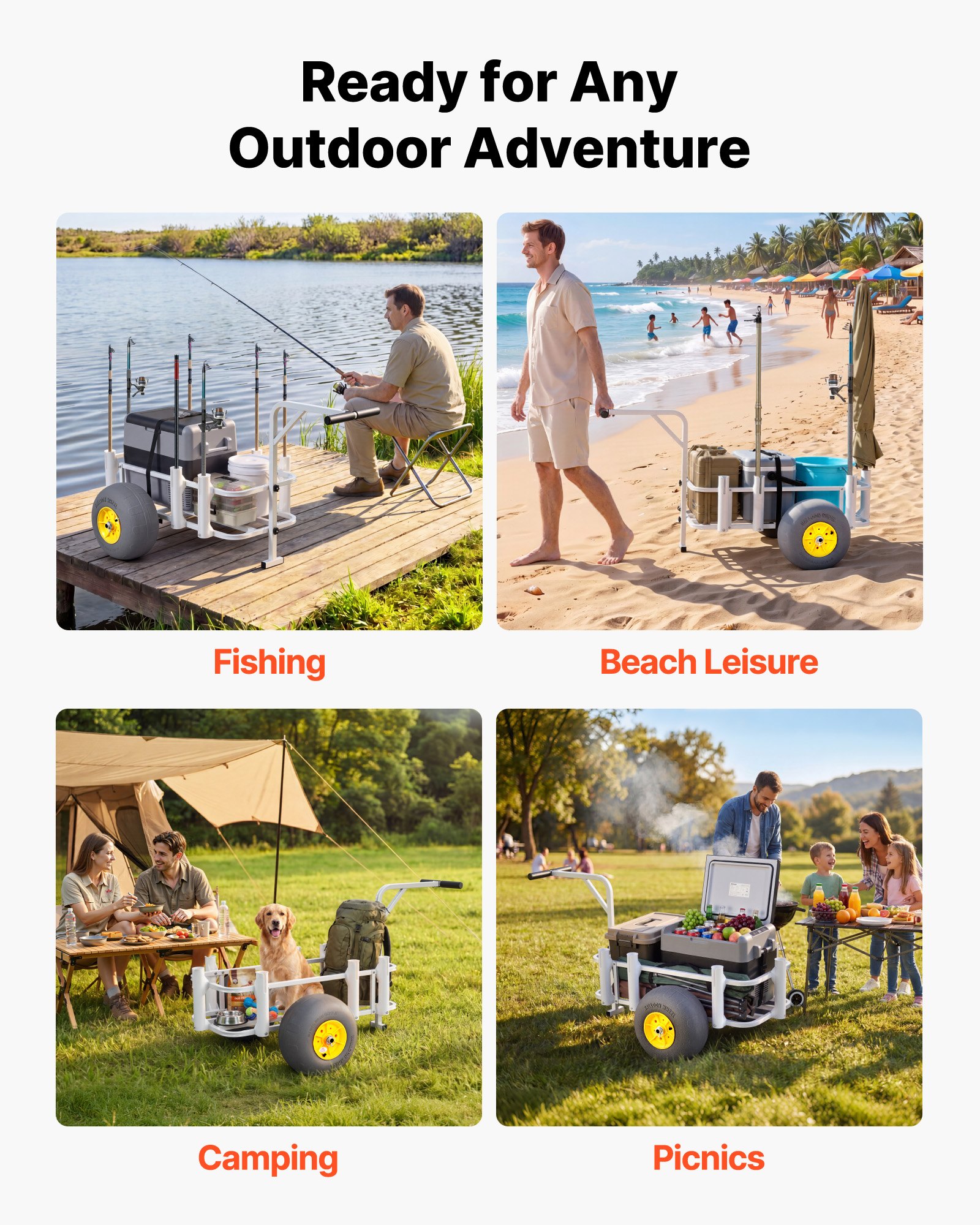 VEVOR Carro de Pesca para Playa con Ruedas Inflables de PU 330 mm y Portacañas, 7 Soportes para Cañas, Carrito para Playa de Acero al Carbono con Capacidad de 90 kg, Transporte para Camping Exteriores