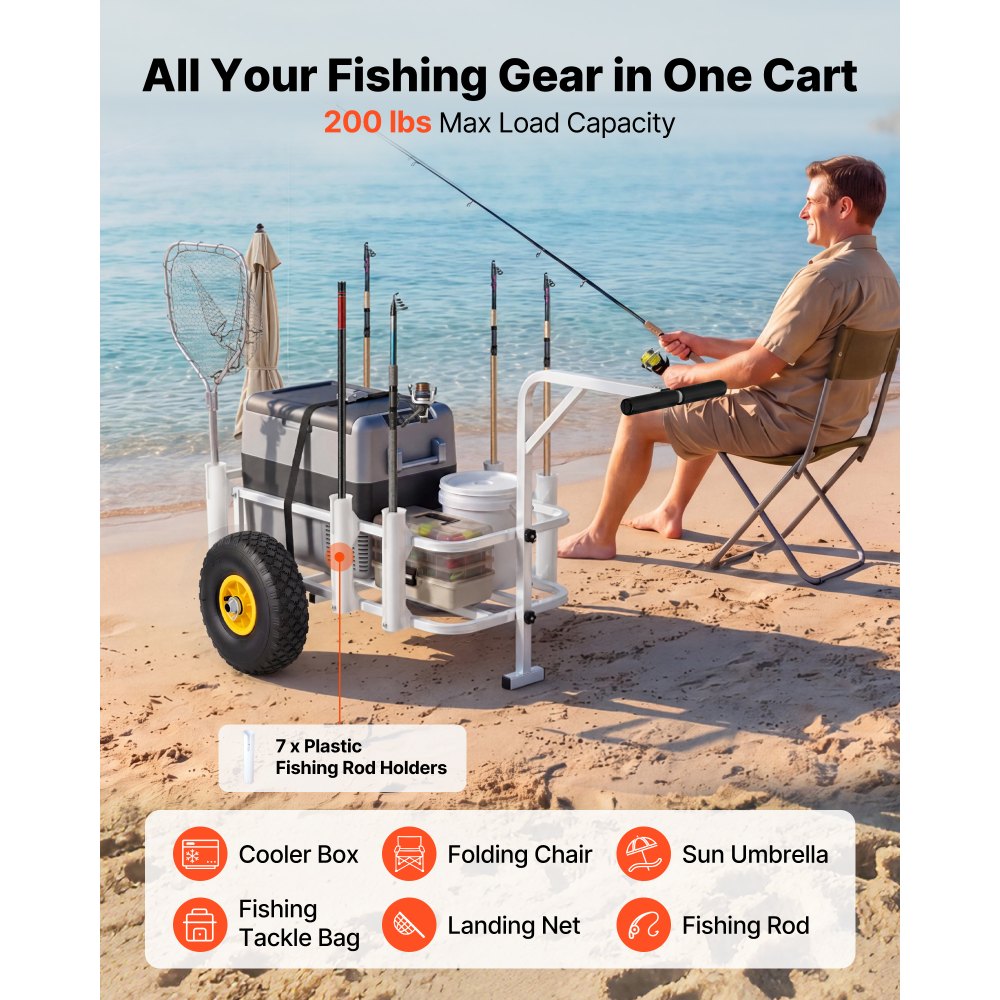 VEVOR Carro de Pesca para Playa con Ruedas de Goma de 280 mm y 7 Portacañas, Carrito para Playa Todoterreno de Acero al Carbono con Capacidad de Carga 90,7 kg para Camping, Arena, Césped y Transporte