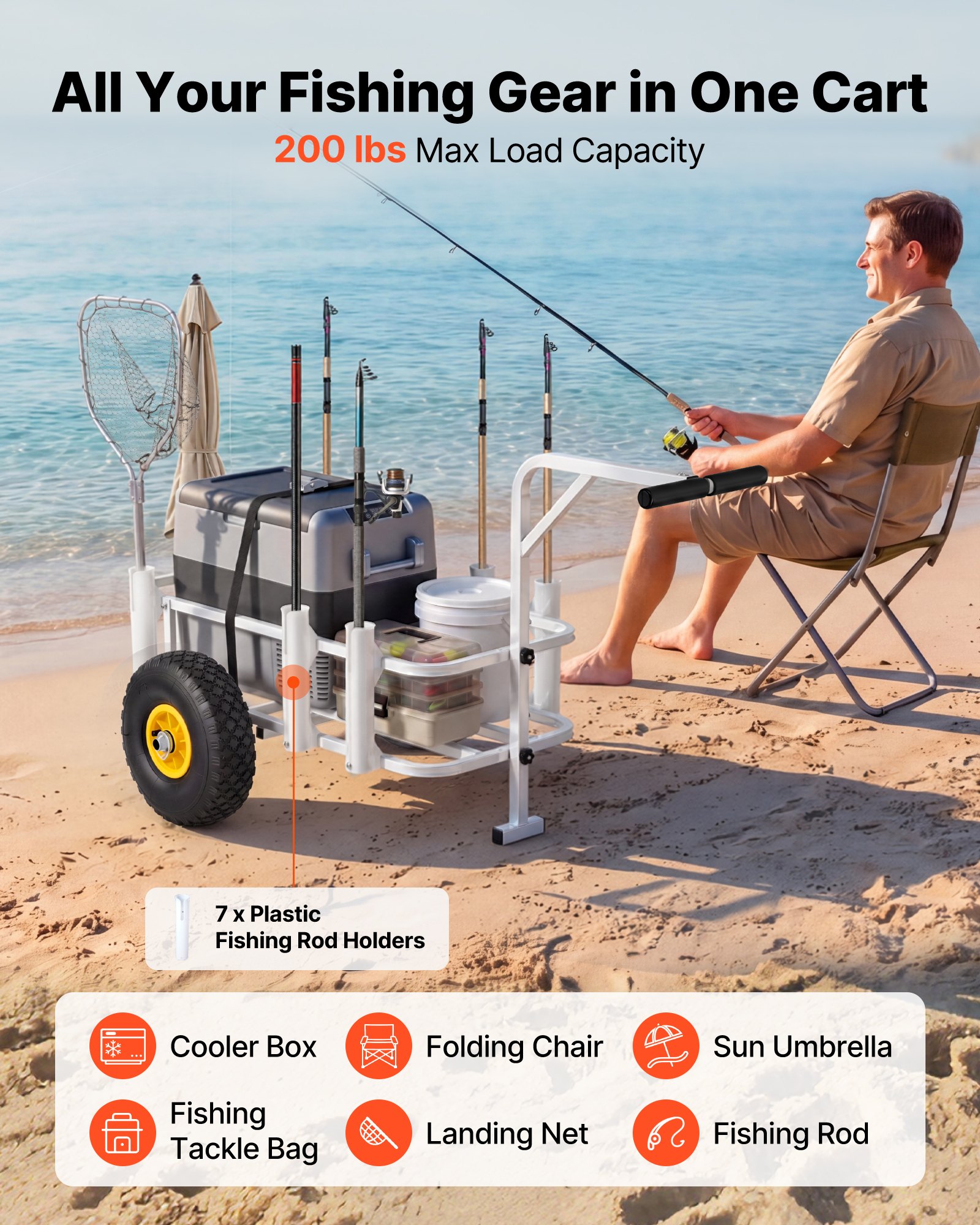 VEVOR Carro de Pesca para Playa con Ruedas de Goma de 280 mm y 7 Portacañas, Carrito para Playa Todoterreno de Acero al Carbono con Capacidad de Carga 90,7 kg para Camping, Arena, Césped y Transporte