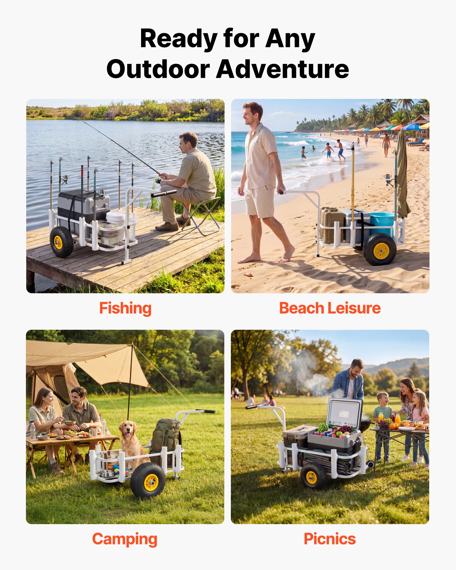 VEVOR Carro de Pesca para Playa con Ruedas de Goma de 280 mm y 7 Portacañas, Carrito para Playa Todoterreno de Acero al Carbono con Capacidad de Carga 90,7 kg para Camping, Arena, Césped y Transporte