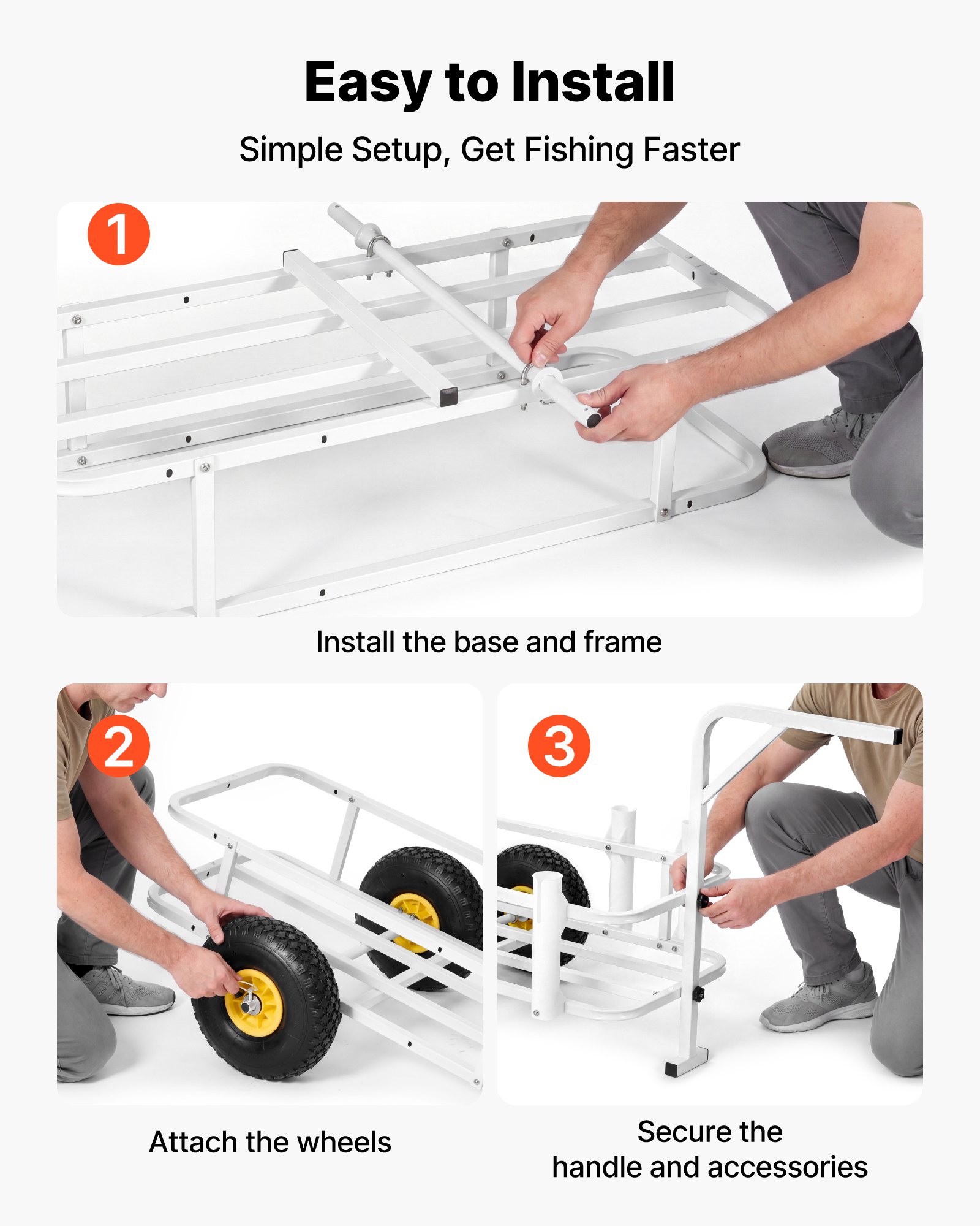 VEVOR Carro de Pesca para Playa con Ruedas de Goma de 280 mm y 7 Portacañas, Carrito para Playa Todoterreno de Acero al Carbono con Capacidad de Carga 90,7 kg para Camping, Arena, Césped y Transporte