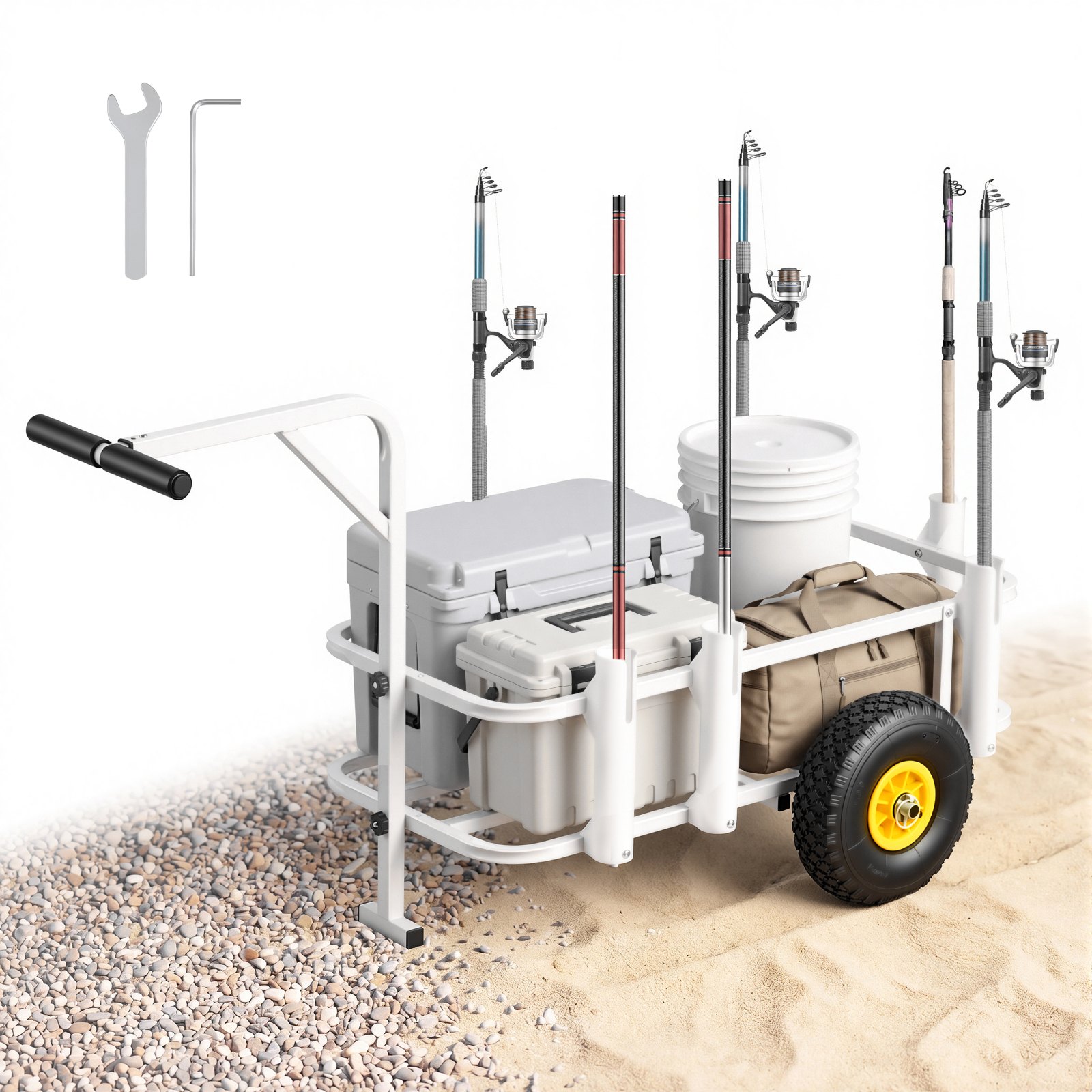 VEVOR Carro de Pesca para Playa con Ruedas de Goma de 280 mm y 7 Portacañas, Carrito para Playa Todoterreno de Acero al Carbono con Capacidad de Carga 90,7 kg para Camping, Arena, Césped y Transporte
