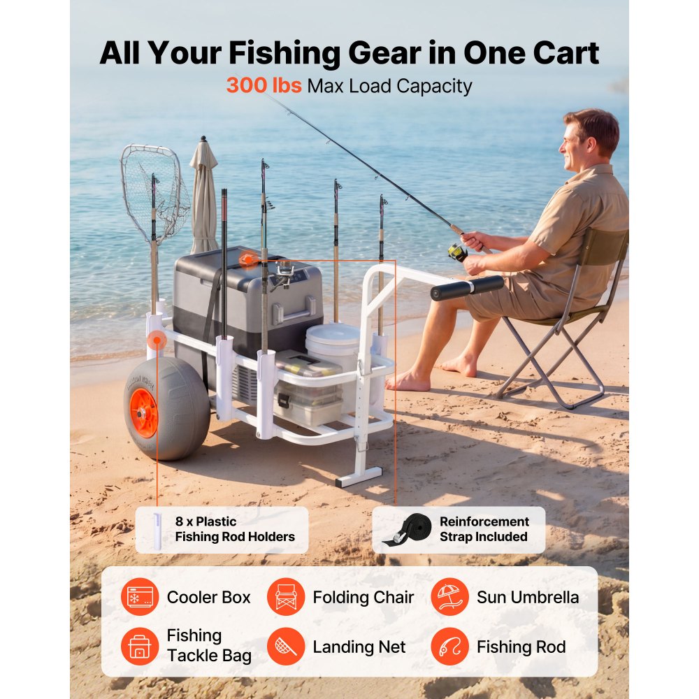 VEVOR Carro de Pesca para Playa con Ruedas Inflables de PU de 330 mm y 8 Portacañas, Carrito para Playa de Aleación de Aluminio con Capacidad de 136 kg para Picnic, Pesca, Arena, Transporte y Camping