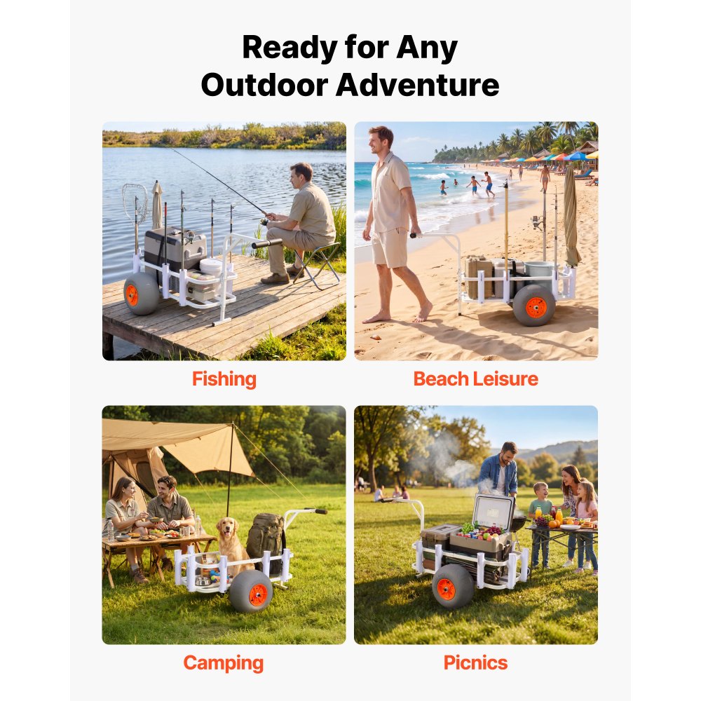 VEVOR Carro de Pesca para Playa con Ruedas Inflables de PU de 330 mm y 8 Portacañas, Carrito para Playa de Aleación de Aluminio con Capacidad de 136 kg para Picnic, Pesca, Arena, Transporte y Camping
