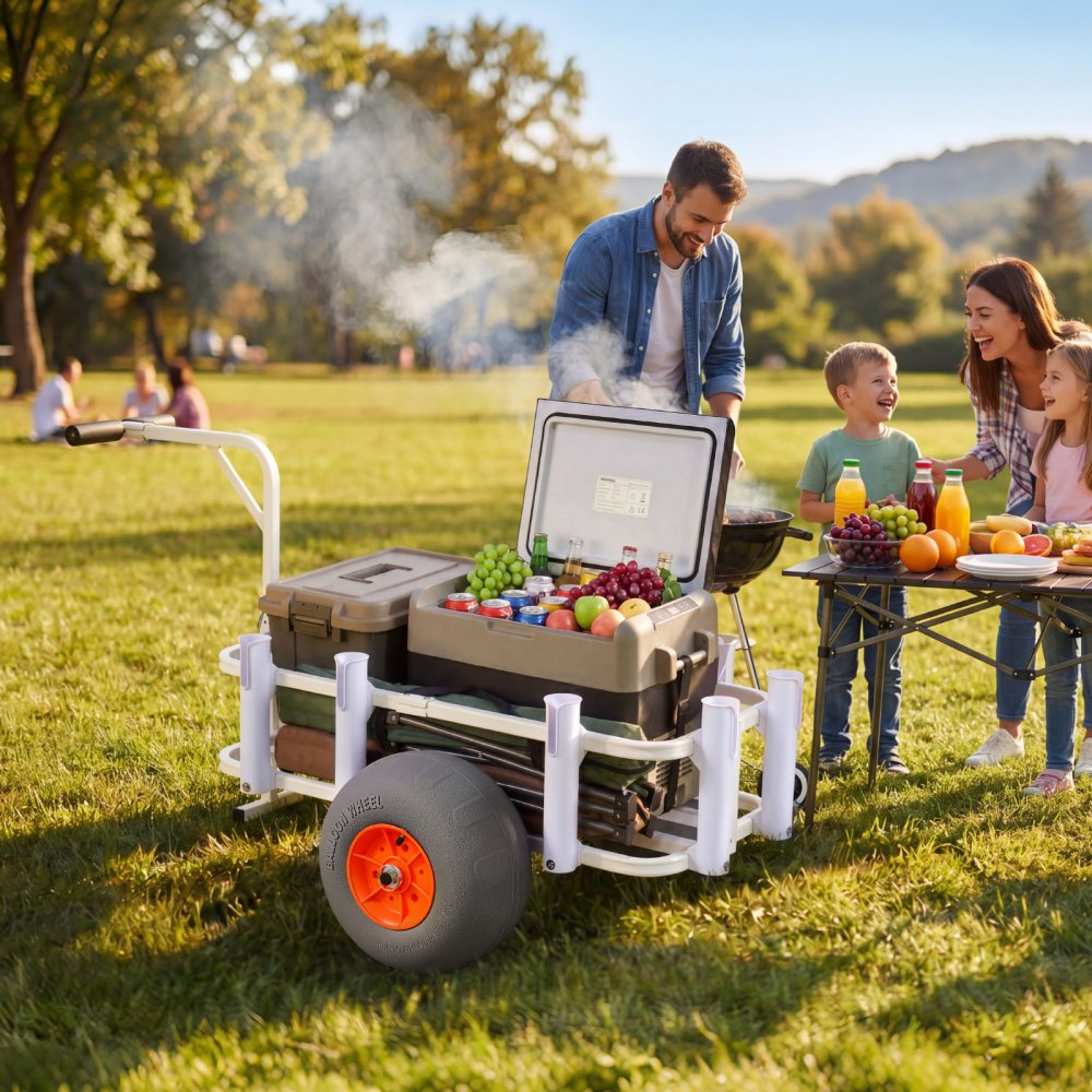 VEVOR Carro de Pesca para Playa con Ruedas Inflables de PU de 330 mm y 8 Portacañas, Carrito para Playa de Aleación de Aluminio con Capacidad de 136 kg para Picnic, Pesca, Arena, Transporte y Camping