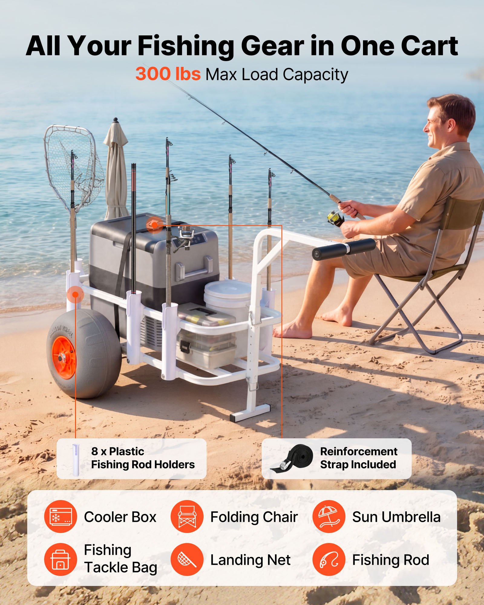 VEVOR Carro de Pesca para Playa con Ruedas Inflables de PU de 330 mm y 8 Portacañas, Carrito para Playa de Aleación de Aluminio con Capacidad de 136 kg para Picnic, Pesca, Arena, Transporte y Camping
