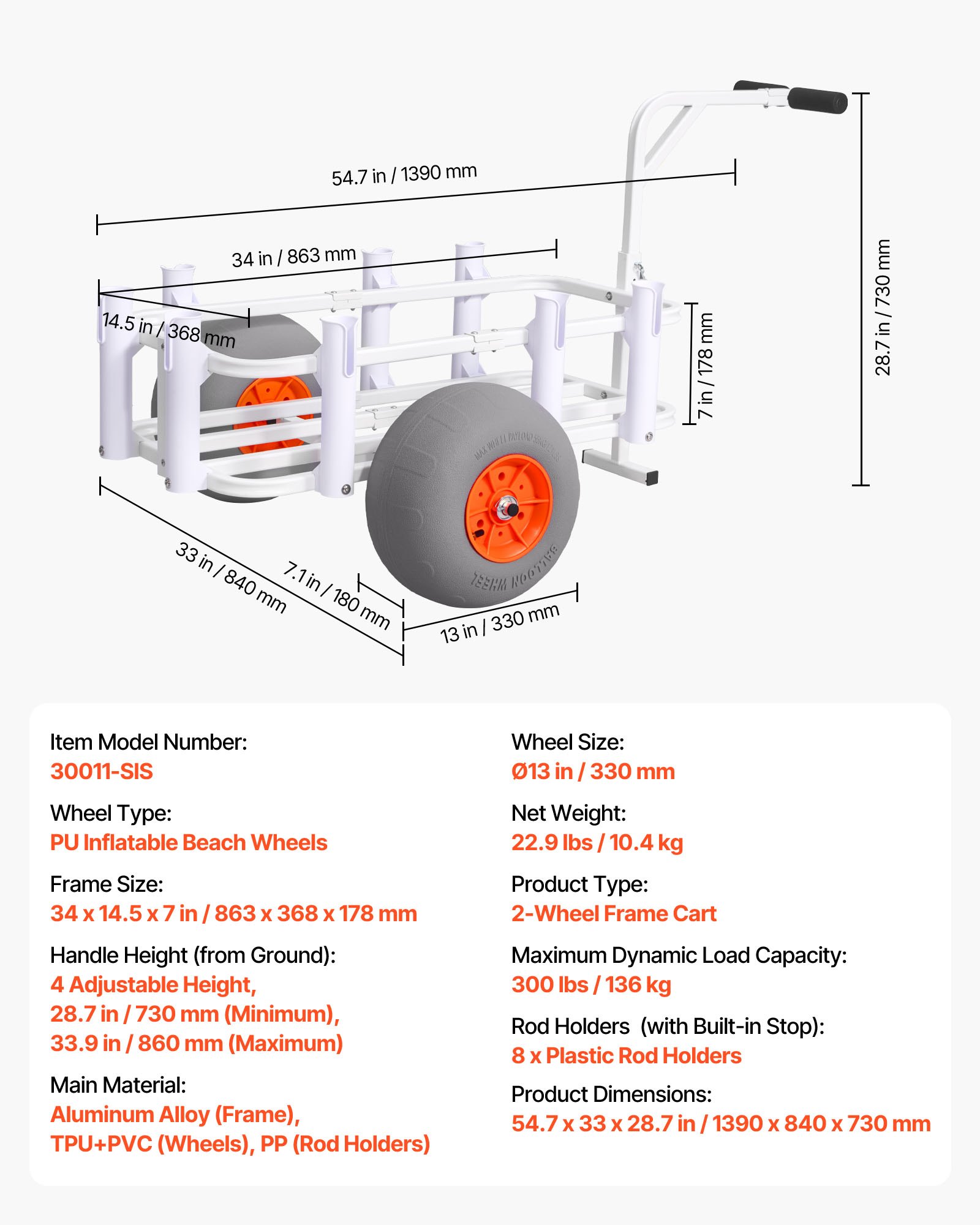 VEVOR Carro de Pesca para Playa con Ruedas Inflables de PU de 330 mm y 8 Portacañas, Carrito para Playa de Aleación de Aluminio con Capacidad de 136 kg para Picnic, Pesca, Arena, Transporte y Camping