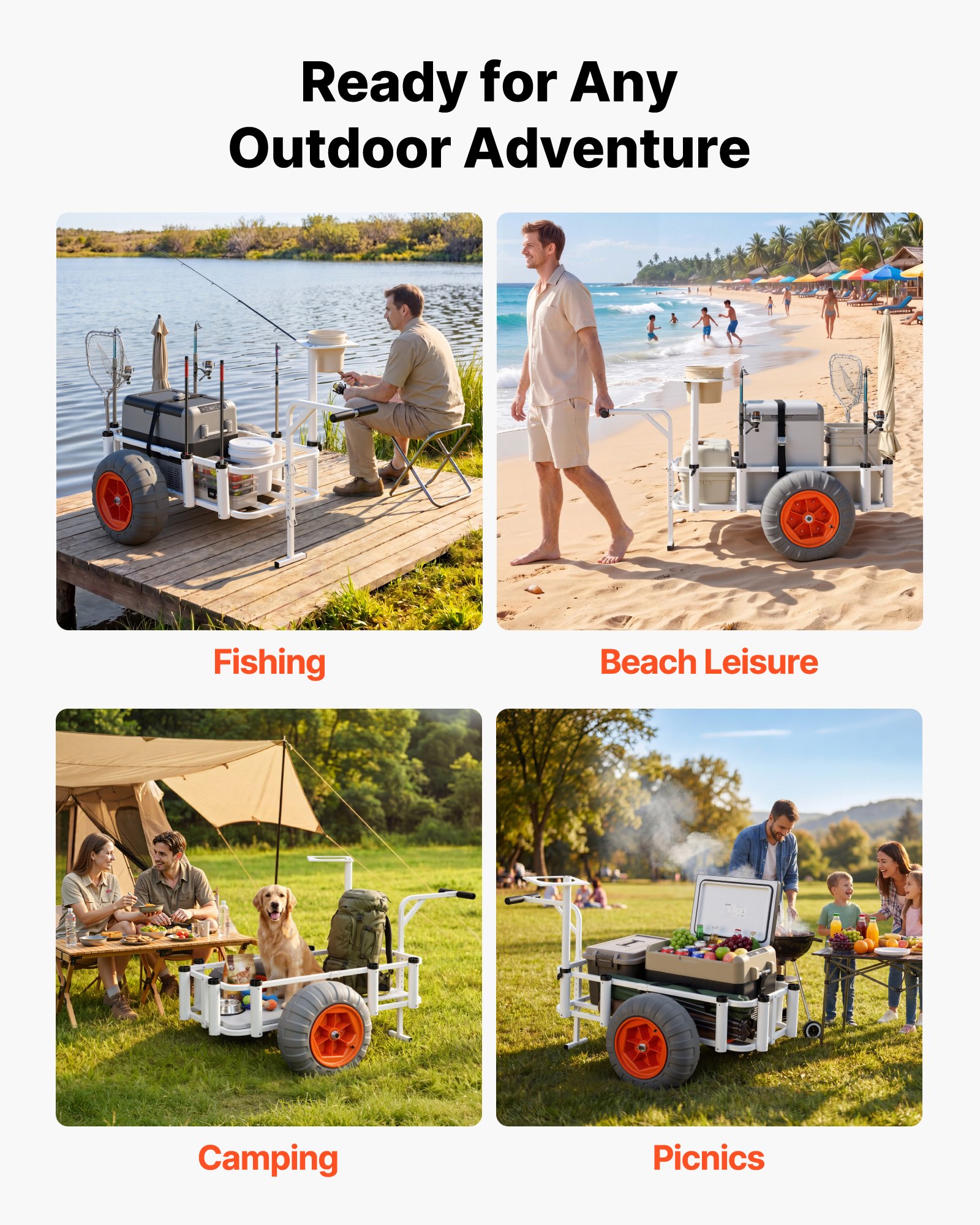 VEVOR Carro de Pesca para Playa con Ruedas de PU de 420 mm y 8 Soportes para Cañas, Carrito para Playa Todoterreno de Aleación de Aluminio con Capacidad de 159 kg para Picnic, Transporte y Camping