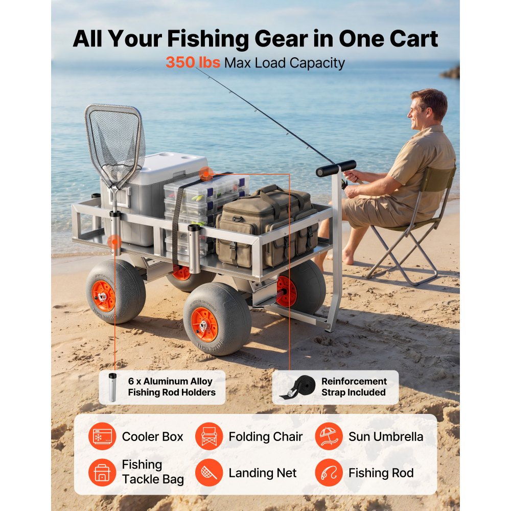 VEVOR Carro de Pesca para Playa con Ruedas Inflables de PU 330 mm y Portacañas, Carrito para Playa de Aluminio con Capacidad de 159 kg, 6 Soportes para Cañas, Transporte para Camping y Exteriores