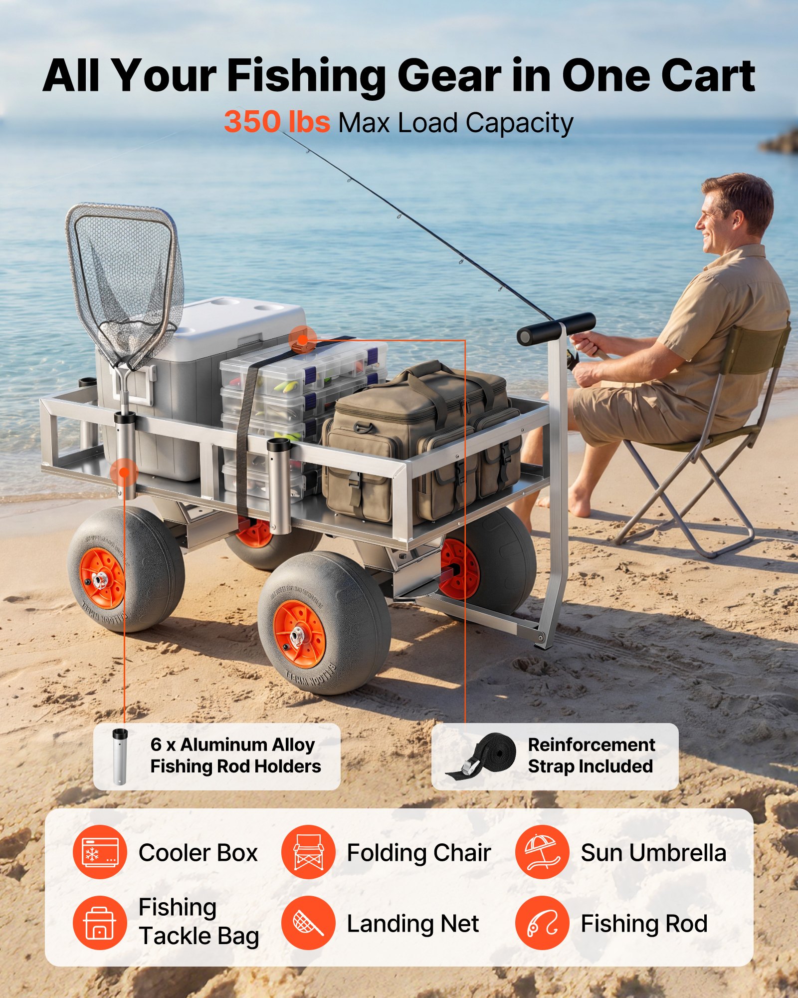VEVOR Carro de Pesca para Playa con Ruedas Inflables de PU 330 mm y Portacañas, Carrito para Playa de Aluminio con Capacidad de 159 kg, 6 Soportes para Cañas, Transporte para Camping y Exteriores