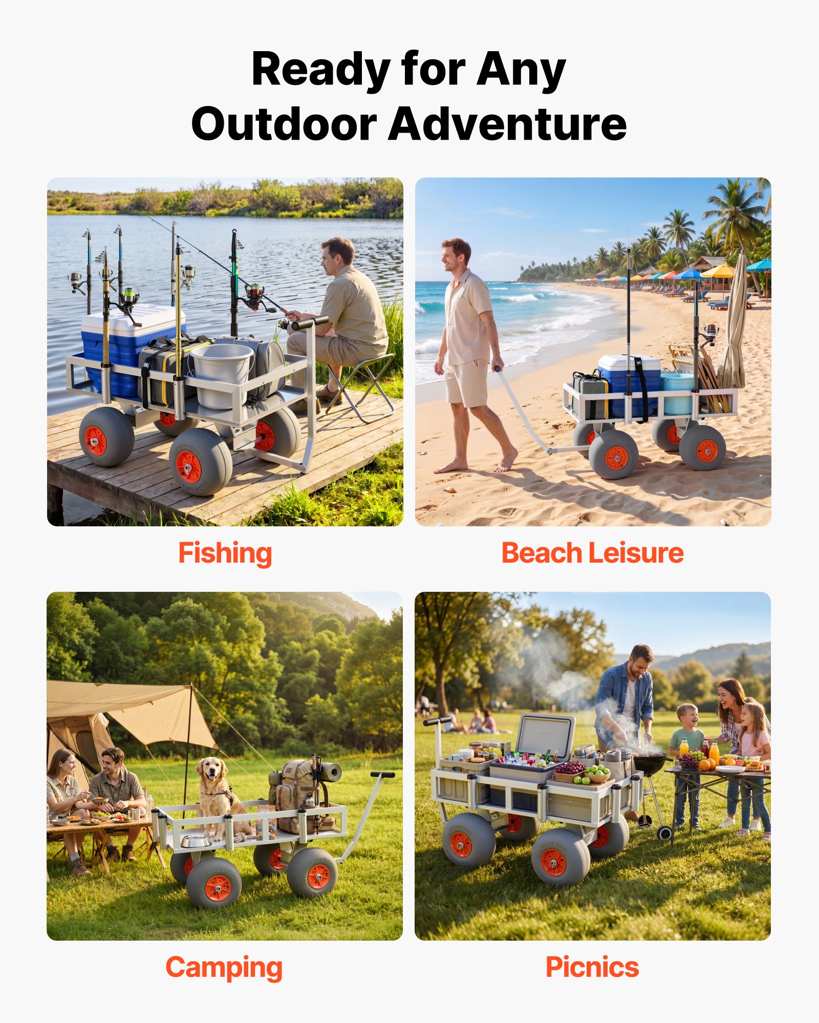 VEVOR Carro de Pesca para Playa con Ruedas Inflables de PU 330 mm y Portacañas, Carrito para Playa de Aluminio con Capacidad de 159 kg, 6 Soportes para Cañas, Transporte para Camping y Exteriores