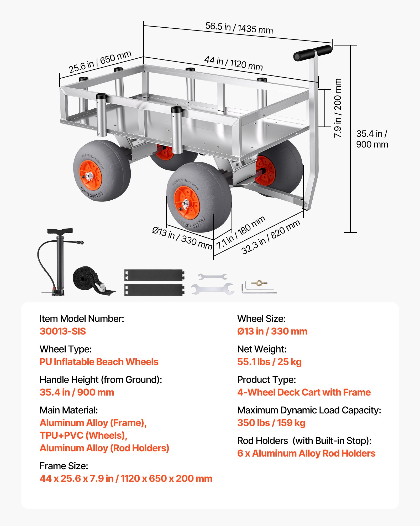 VEVOR Carro de Pesca para Playa con Ruedas Inflables de PU 330 mm y Portacañas, Carrito para Playa de Aluminio con Capacidad de 159 kg, 6 Soportes para Cañas, Transporte para Camping y Exteriores