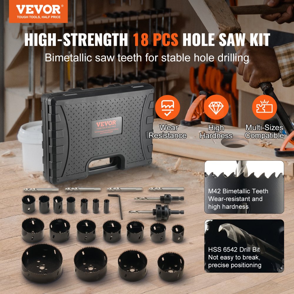 VEVOR Bimetal Hole Saw Set, 18-piece. Hole blades, 6 hole drills, cutting depth 38 mm, bimetal hole saw set, drill accessories, professional hole saws for drilling wood, iron, plastic and PVC, etc.