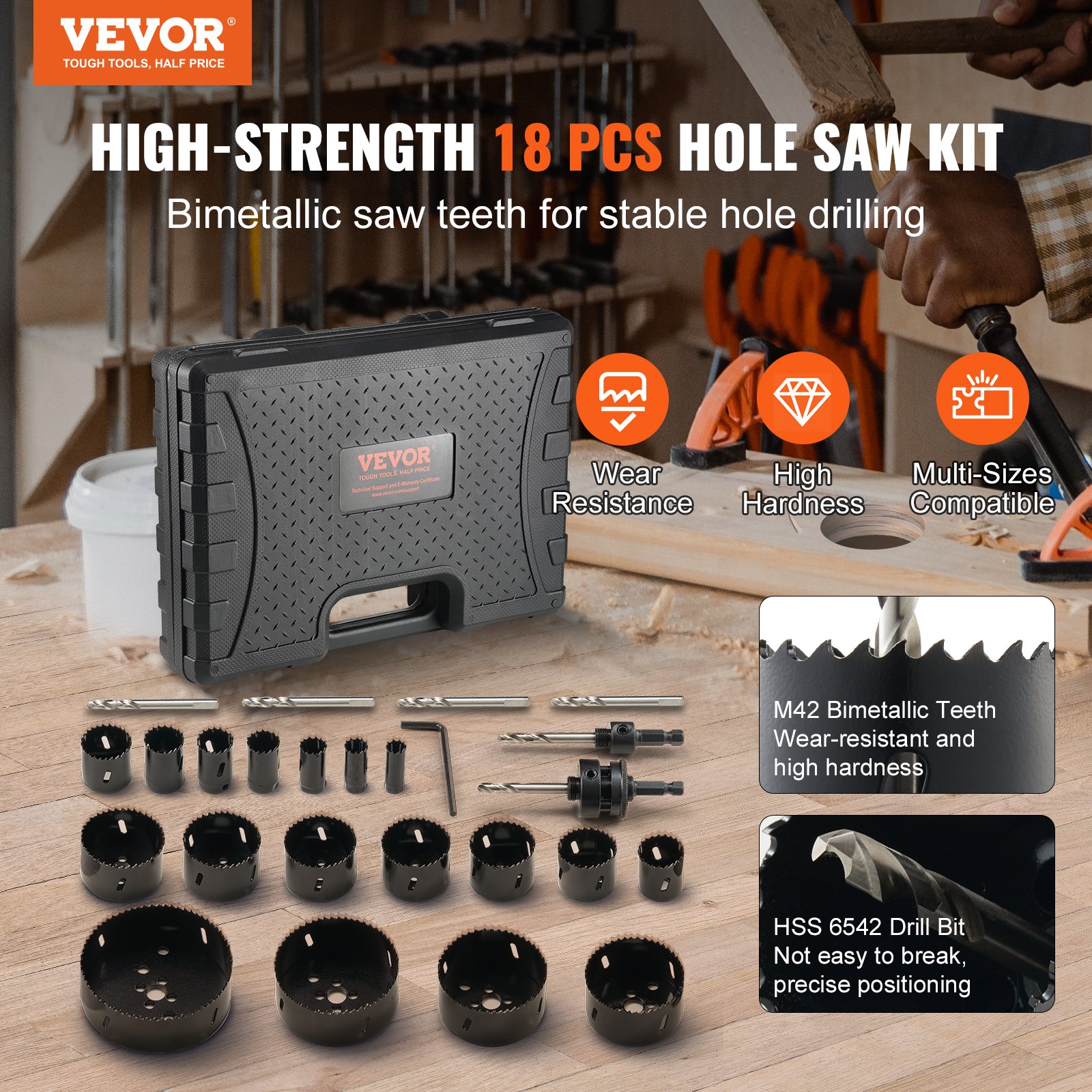 VEVOR Bimetal Hole Saw Set, 18-piece. Hole blades, 6 hole drills, cutting depth 38 mm, bimetal hole saw set, drill accessories, professional hole saws for drilling wood, iron, plastic and PVC, etc.