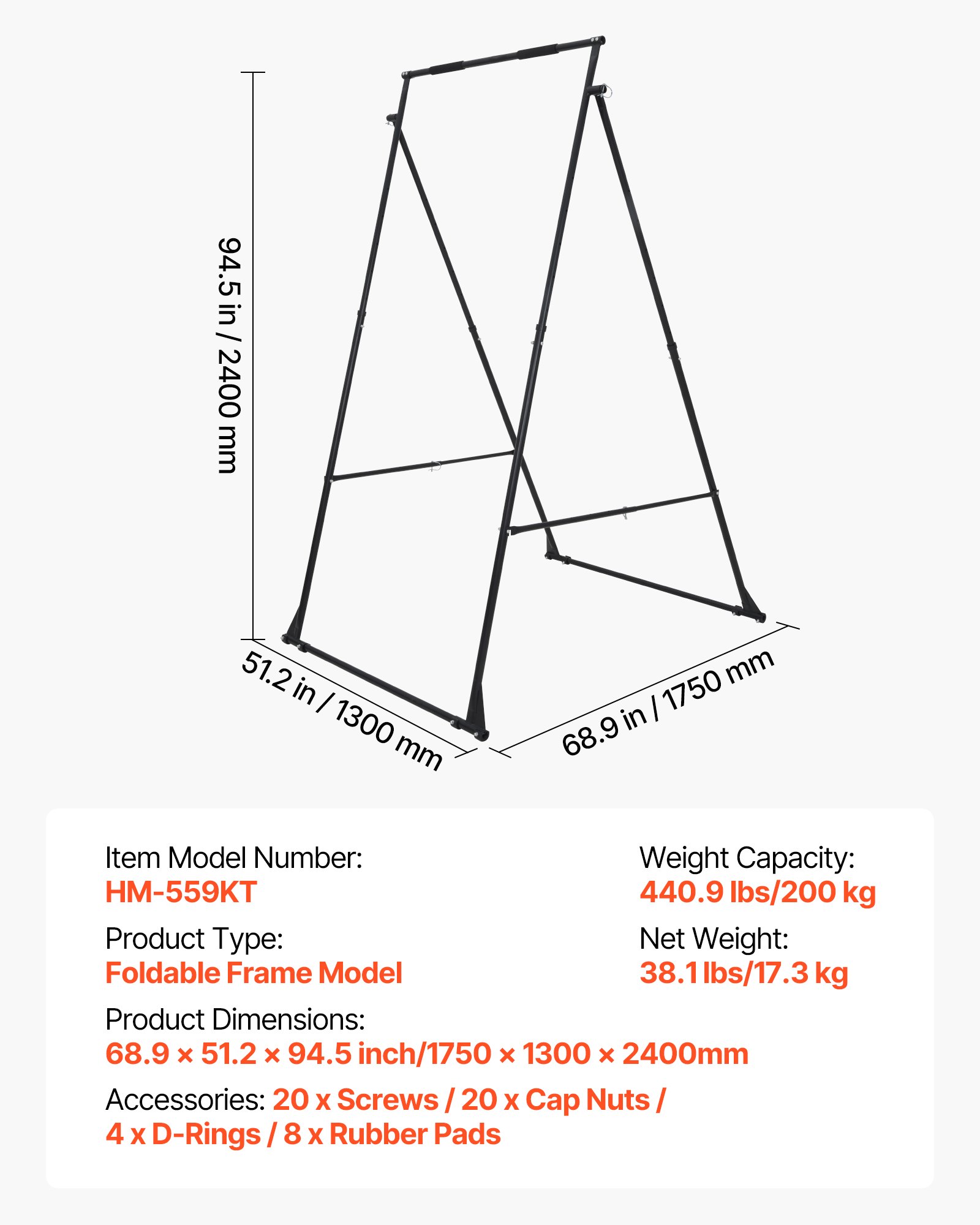 VEVOR Soporte de Yoga con Estructura para Columpio, Capacidad de Carga Máxima de 200 kg, Espuma EVA, Ajuste Horizontal de 4 Posiciones y Ajuste Vertical de 6 Posiciones, 1750 x 1300 x 2400 mm