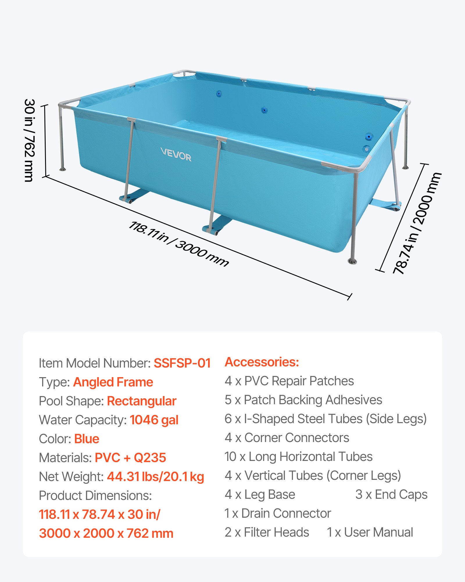 VEVOR Piscina Desmontable Tubular Rectangular 3000 x 2000 x 762 mm Material de 3 Capas Piscina Elevada con Estructura de Acero Marco de Soporte Resistente para Exteriores, Patios, Jardines, Azul