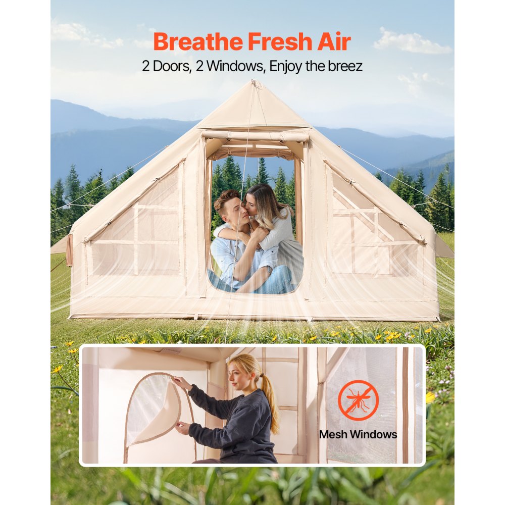 VEVOR Tienda Inflable para Acampar, Carpa Inflable de Tela Oxford 300D para 3-5 Personas con Bomba Manual, Conector para Estufa, 2 Puertas y 2 Ventanas de Malla, Bolsa de Almacenamiento, Beige