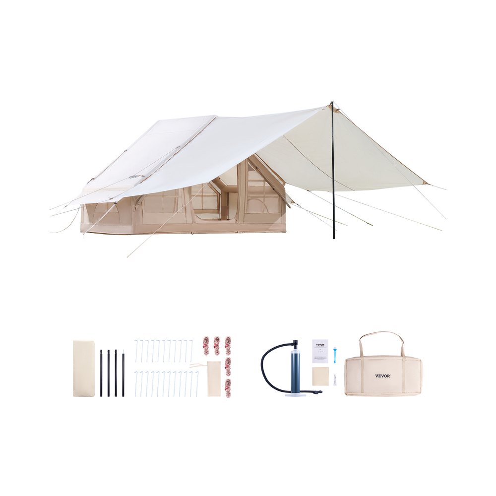 VEVOR Tienda Inflable para Acampar, Carpa Inflable Tela Oxford 300D para 3-5 Personas con Bomba Manual, Dosel, Conector para Estufa, 2 Puertas y 2 Ventanas de Malla, Bolsa de Almacenamiento, Beige