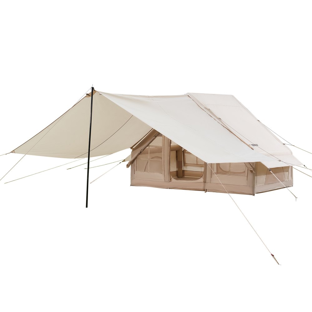 VEVOR Tienda Inflable para Acampar, Carpa Inflable Tela Oxford 300D para 3-5 Personas con Bomba Manual, Dosel, Conector para Estufa, 2 Puertas y 2 Ventanas de Malla, Bolsa de Almacenamiento, Beige