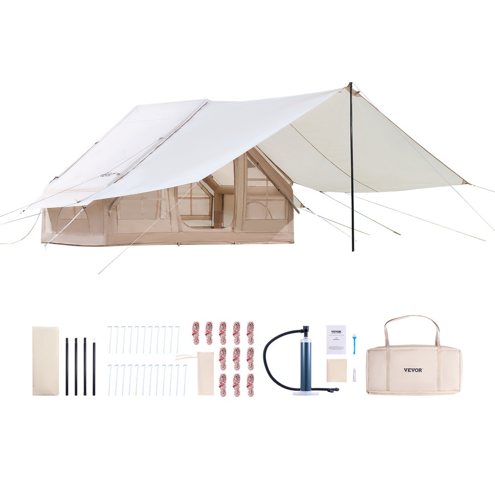VEVOR Tienda Inflable para Acampar, Carpa Inflable Tela Oxford 300D para 3-5 Personas con Bomba Manual, Dosel, Conector para Estufa, 2 Puertas y 2 Ventanas de Malla, Bolsa de Almacenamiento, Beige