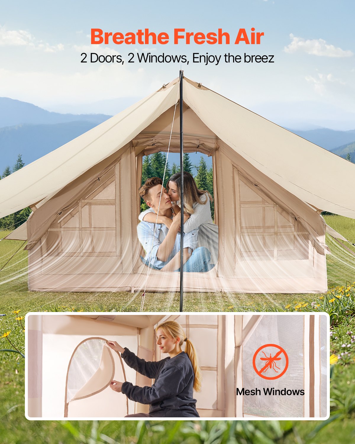 VEVOR Tienda Inflable para Acampar, Carpa Inflable Tela Oxford 300D para 3-5 Personas con Bomba Manual, Dosel, Conector para Estufa, 2 Puertas y 2 Ventanas de Malla, Bolsa de Almacenamiento, Beige