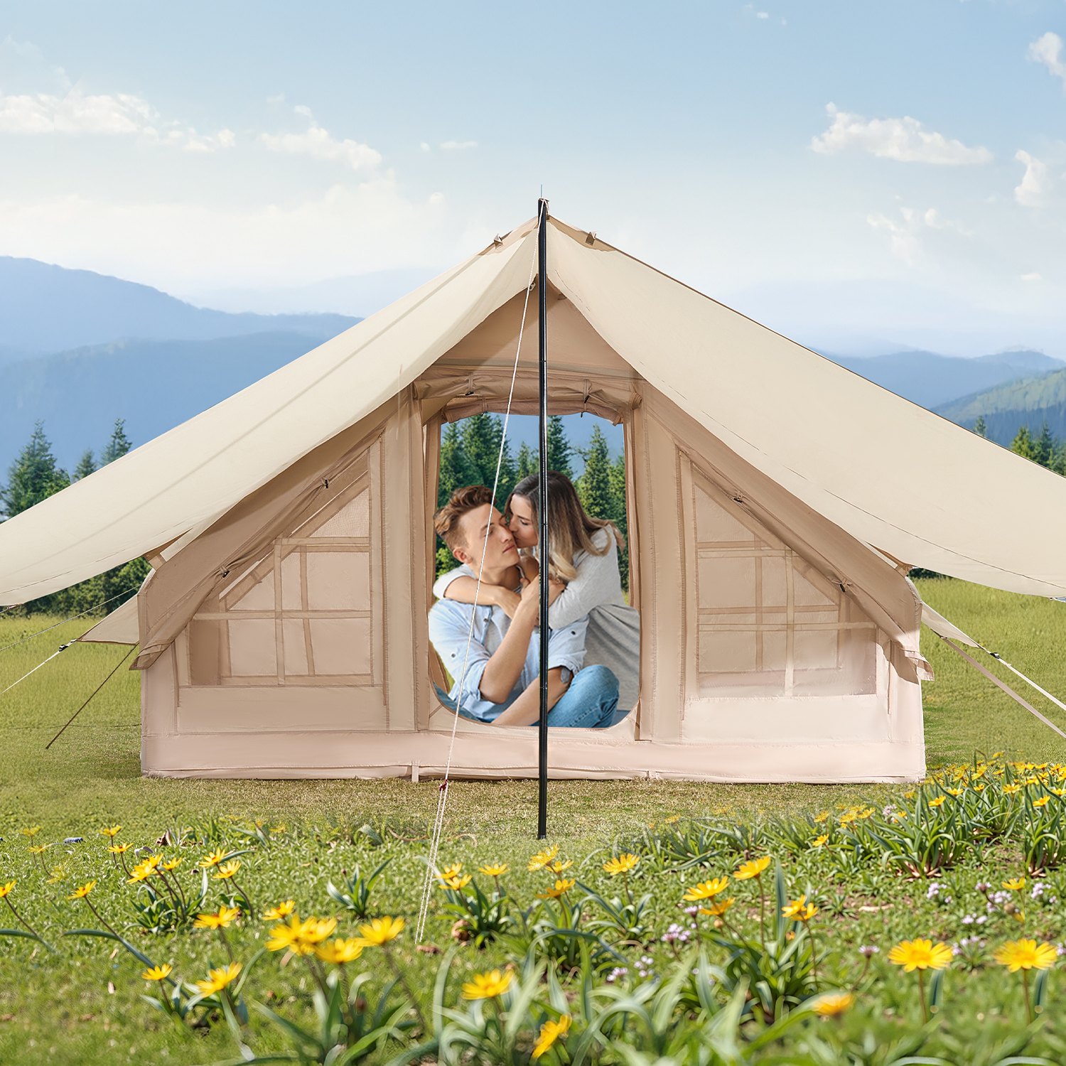 VEVOR Tienda Inflable para Acampar, Carpa Inflable Tela Oxford 300D para 3-5 Personas con Bomba Manual, Dosel, Conector para Estufa, 2 Puertas y 2 Ventanas de Malla, Bolsa de Almacenamiento, Beige