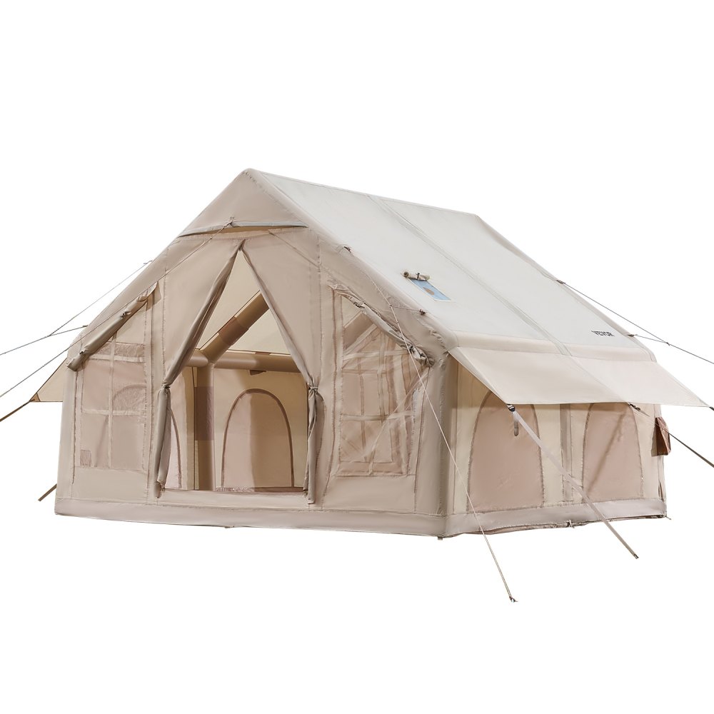 VEVOR Inflatable Camping Tent 3x3x2.3 m, 4-6 Person, 300D Oxford 4-Season Glamping Tent with Hand Pump, Stove Connection, 2 Doors & 4 Mesh Windows, incl. Storage Bag for Transport