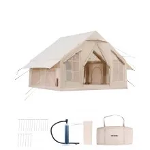 VEVOR Tienda Inflable para Acampar, Carpa Inflable de Tela Oxford 300D para 4-6 Personas con Bomba Manual, Conector para Estufa, 2 Puertas y 4 Ventanas de Malla, Bolsa de Almacenamiento, Beige