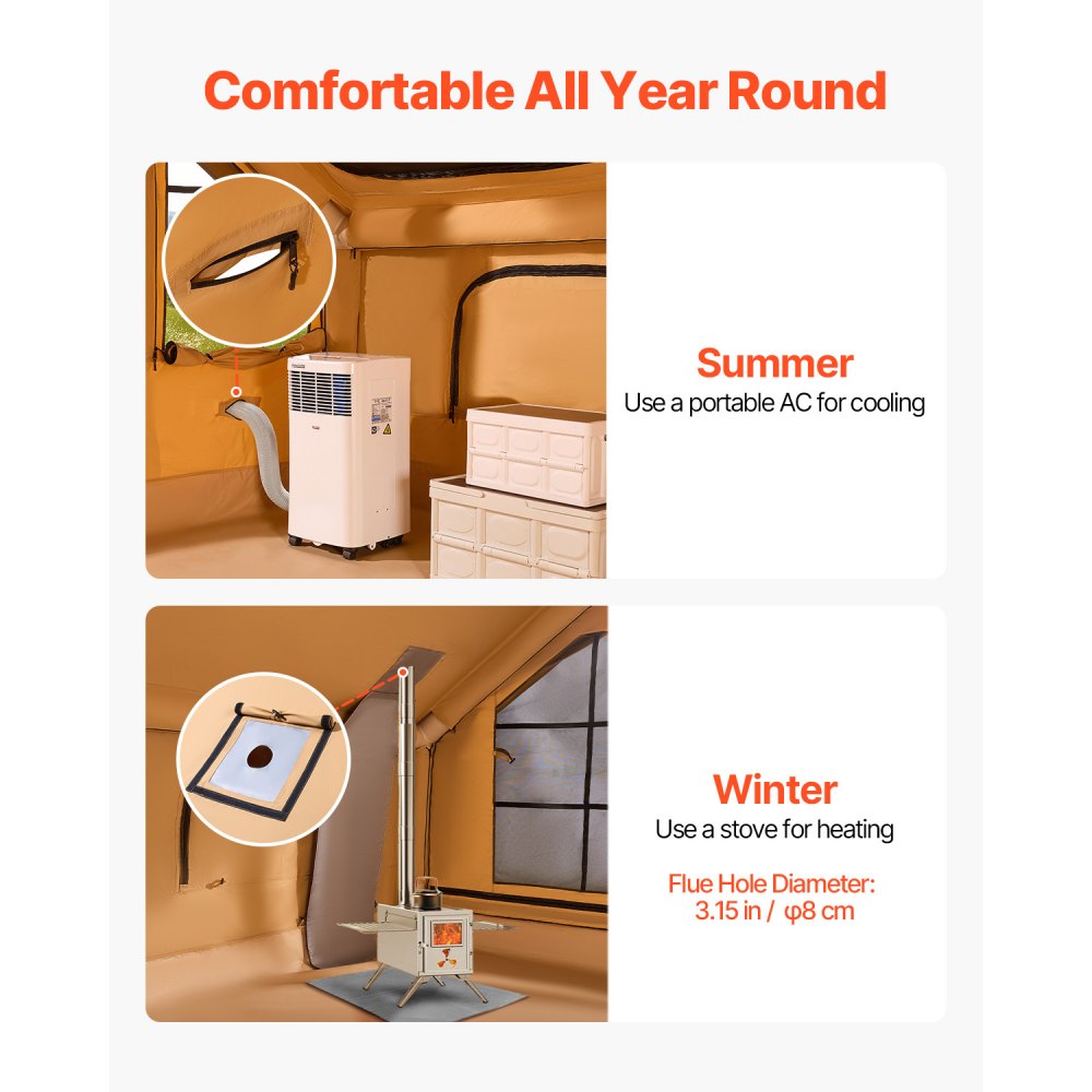 VEVOR Tienda Inflable para Acampar, Carpa Inflable para 5-8 Personas con Bomba Manual, 2 Tragaluces, Toldo, Conector para Estufa, 2 Puertas y Ventanas de Malla, Bolsa de Almacenamiento, Amarillo