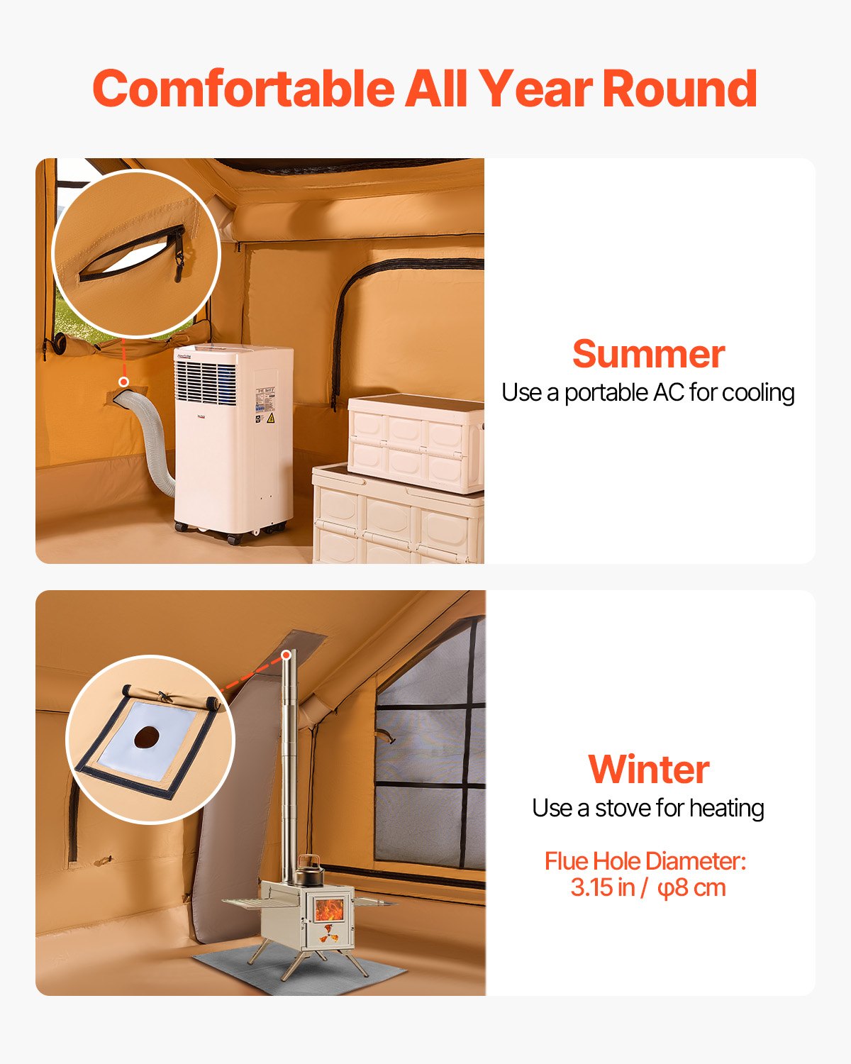 VEVOR Tienda Inflable para Acampar, Carpa Inflable para 5-8 Personas con Bomba Manual, 2 Tragaluces, Toldo, Conector para Estufa, 2 Puertas y Ventanas de Malla, Bolsa de Almacenamiento, Amarillo