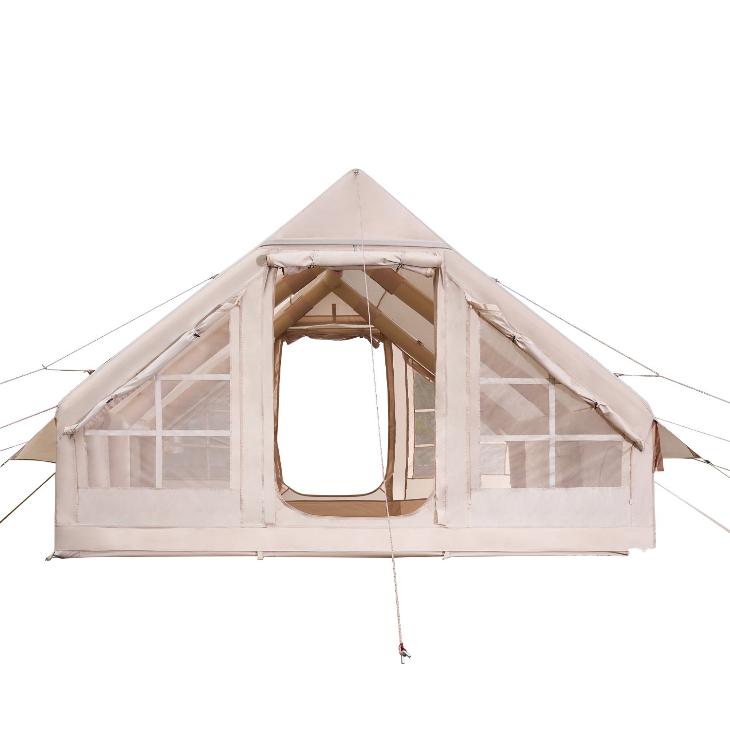 VEVOR Tienda Inflable para Acampar, Carpa Inflable de 4 x 3 x 2 m para 5-8 Personas con Bomba Manual, Conector para Estufa, 2 Puertas y 4 Ventanas de Malla, Bolsa de Almacenamiento, Beige