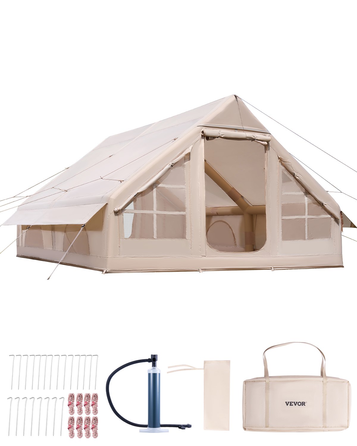 VEVOR Inflatable Camping Tent 4x3x2 m, 5-8 Person, 300D Oxford Glamping Tent with Stove Connection, Hand Pump, 2 Doors & 4 Mesh Windows, incl. Storage Bag for Easy Transport