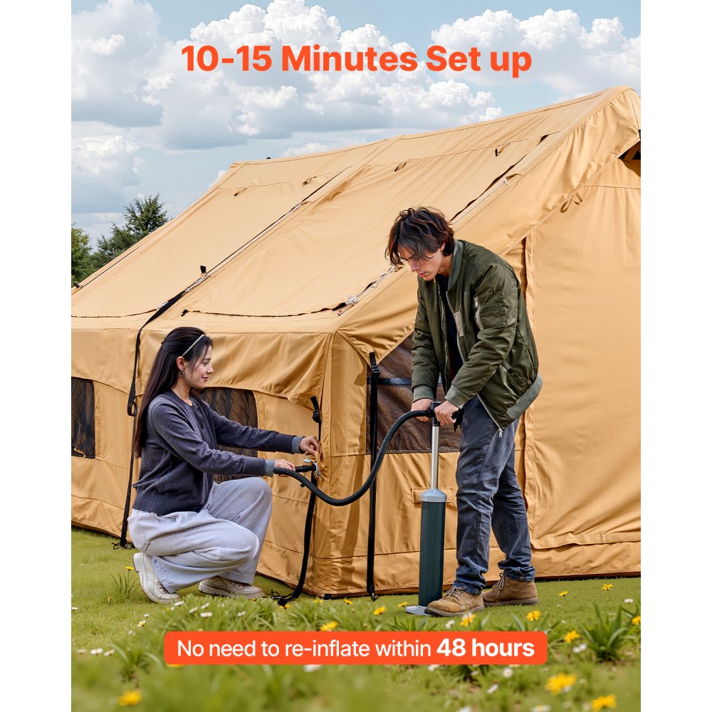 VEVOR Tienda Inflable para Acampar, Carpa Inflable para 8-12 Personas con Bomba Manual, 2 Tragaluces, Toldo, Conector para Estufa, 2 Puertas y Ventanas de Malla, Bolsa de Almacenamiento, Amarillo