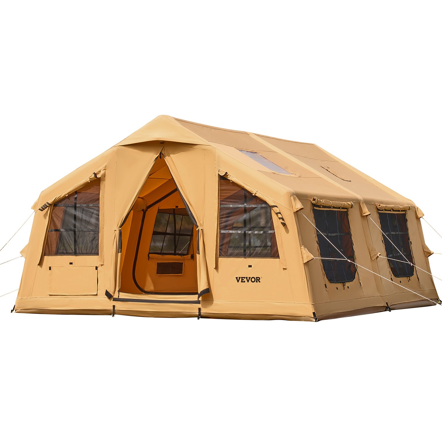 VEVOR Tienda Inflable para Acampar, Carpa Inflable para 8-12 Personas con Bomba Manual, 2 Tragaluces, Toldo, Conector para Estufa, 2 Puertas y Ventanas de Malla, Bolsa de Almacenamiento, Amarillo