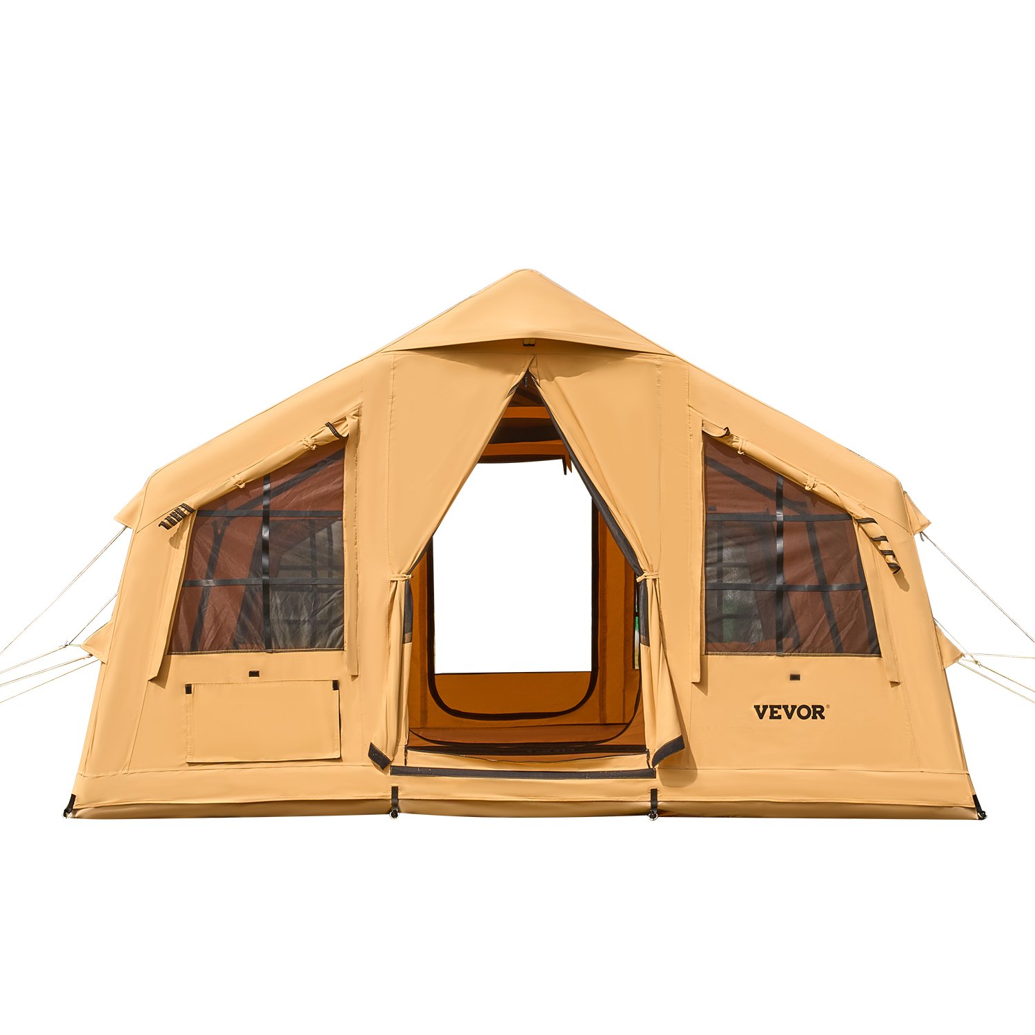 VEVOR Tienda Inflable para Acampar, Carpa Inflable para 8-12 Personas con Bomba Manual, 2 Tragaluces, Toldo, Conector para Estufa, 2 Puertas y Ventanas de Malla, Bolsa de Almacenamiento, Amarillo