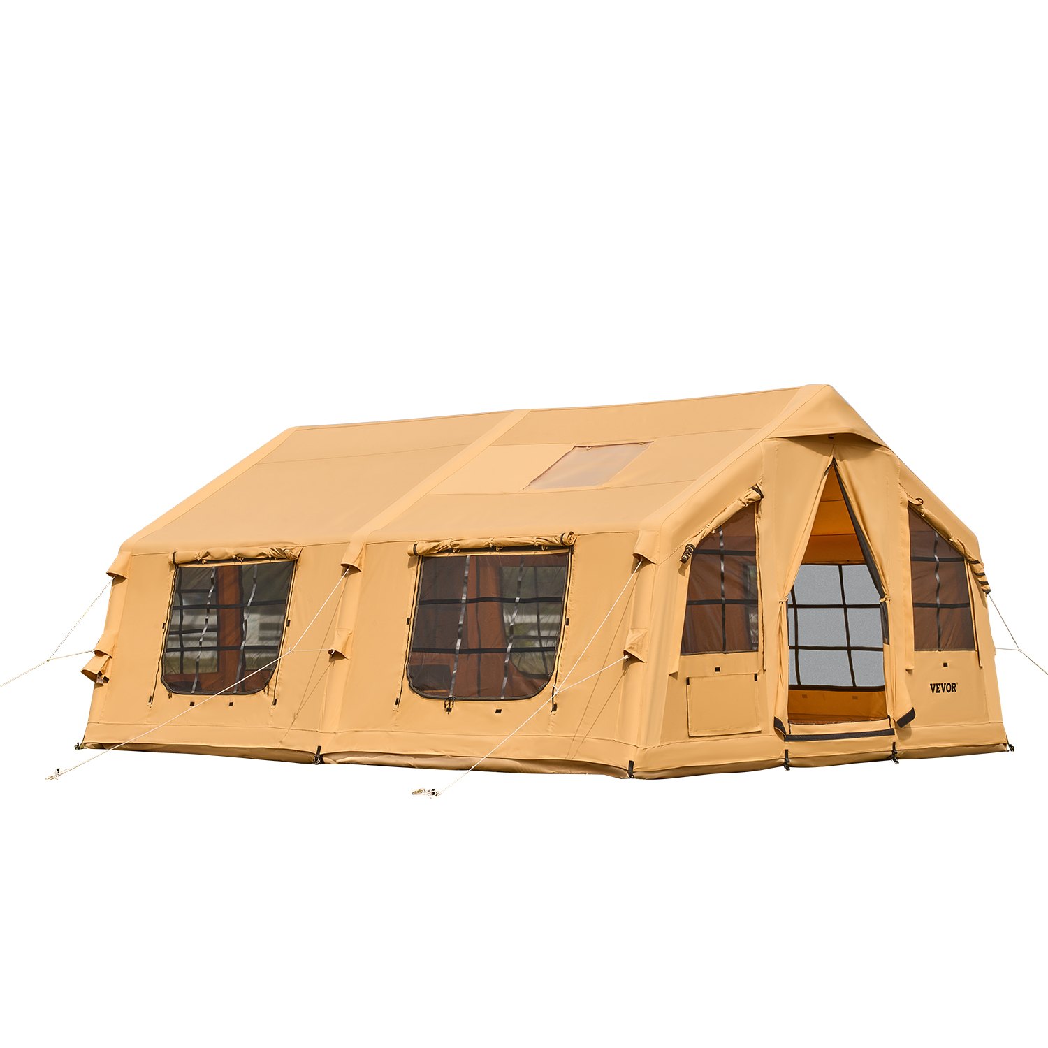 VEVOR Tienda Inflable para Acampar, Carpa Inflable para 8-12 Personas con Bomba Manual, 2 Tragaluces, Toldo, Conector para Estufa, 2 Puertas y Ventanas de Malla, Bolsa de Almacenamiento, Amarillo