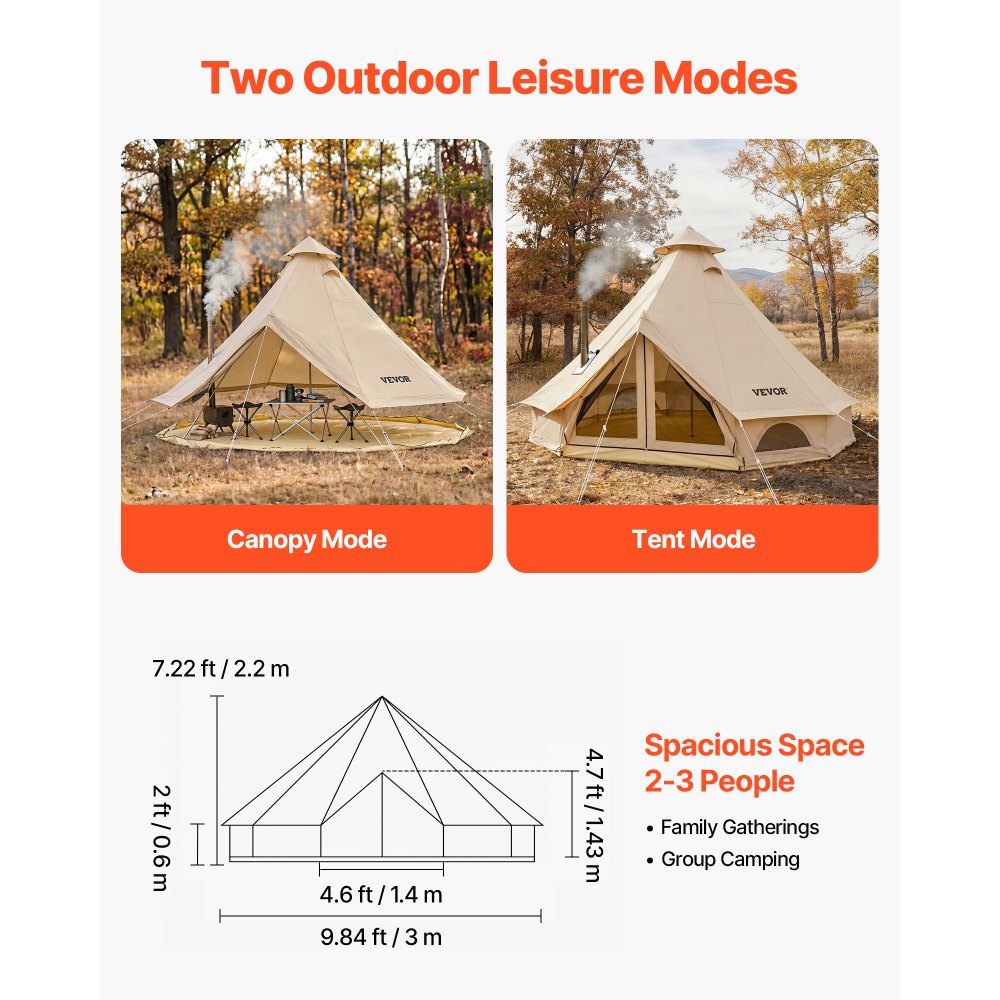 VEVOR Tienda de Campaña para 2-3 Personas, Carpa Yurta de Tela Oxford Impermeable,con Cubierta de Lluvia Salida de Humos Suelo Desmontable Ventana de Malla, para Glamping Camping Outdoor Viajes, Beige