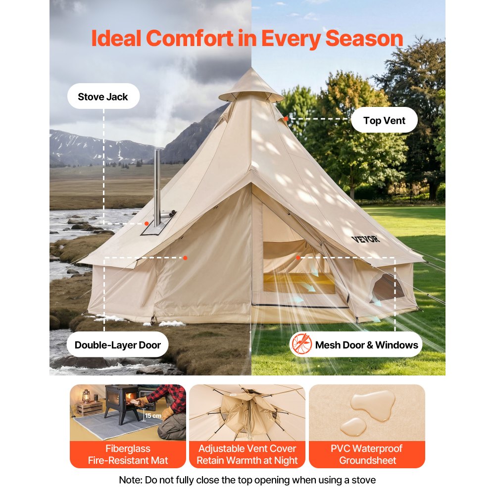 VEVOR Tienda de Campaña para 2-3 Personas, Carpa Yurta de Tela Oxford Impermeable,con Cubierta de Lluvia Salida de Humos Suelo Desmontable Ventana de Malla, para Glamping Camping Outdoor Viajes, Beige