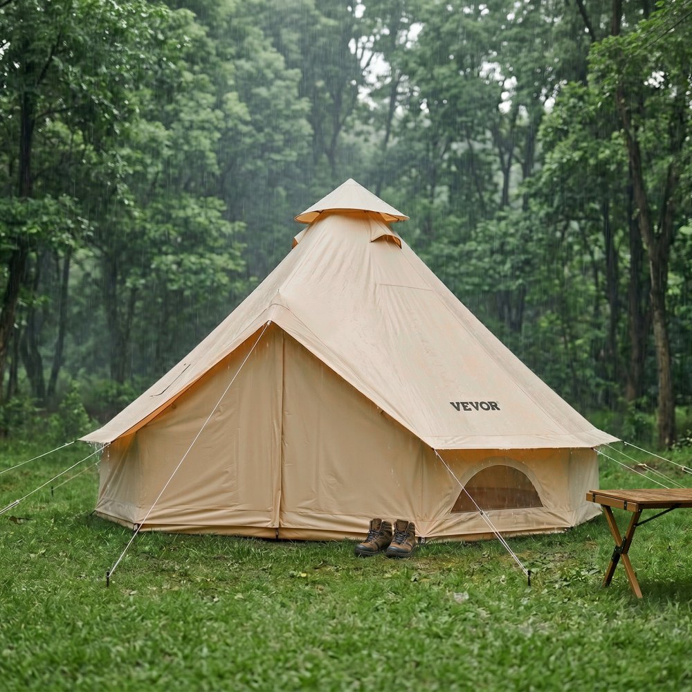 VEVOR Tienda de Campaña para 2-3 Personas, Carpa Yurta de Tela Oxford Impermeable,con Cubierta de Lluvia Salida de Humos Suelo Desmontable Ventana de Malla, para Glamping Camping Outdoor Viajes, Beige