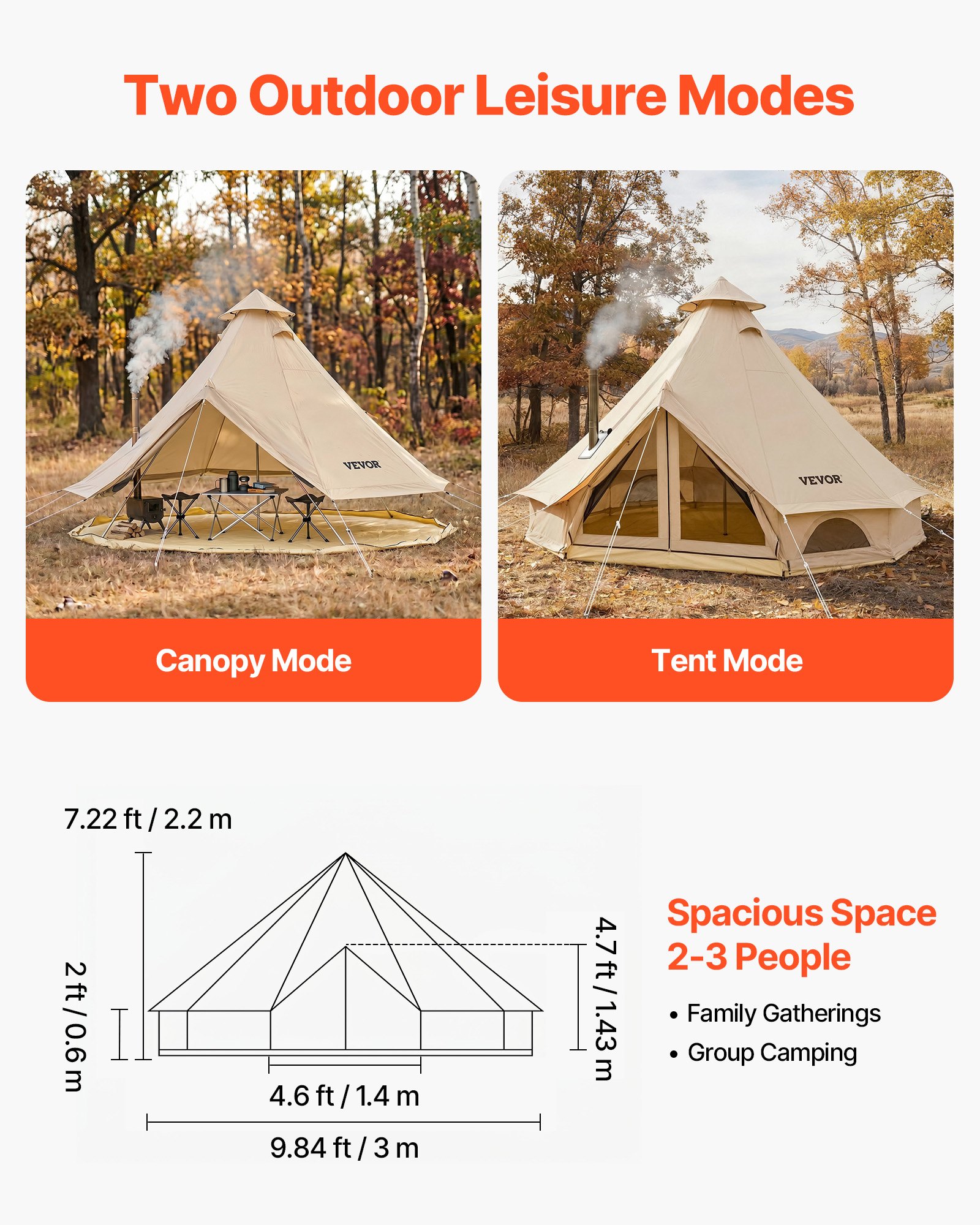 VEVOR Tienda de Campaña para 2-3 Personas, Carpa Yurta de Tela Oxford Impermeable,con Cubierta de Lluvia Salida de Humos Suelo Desmontable Ventana de Malla, para Glamping Camping Outdoor Viajes, Beige