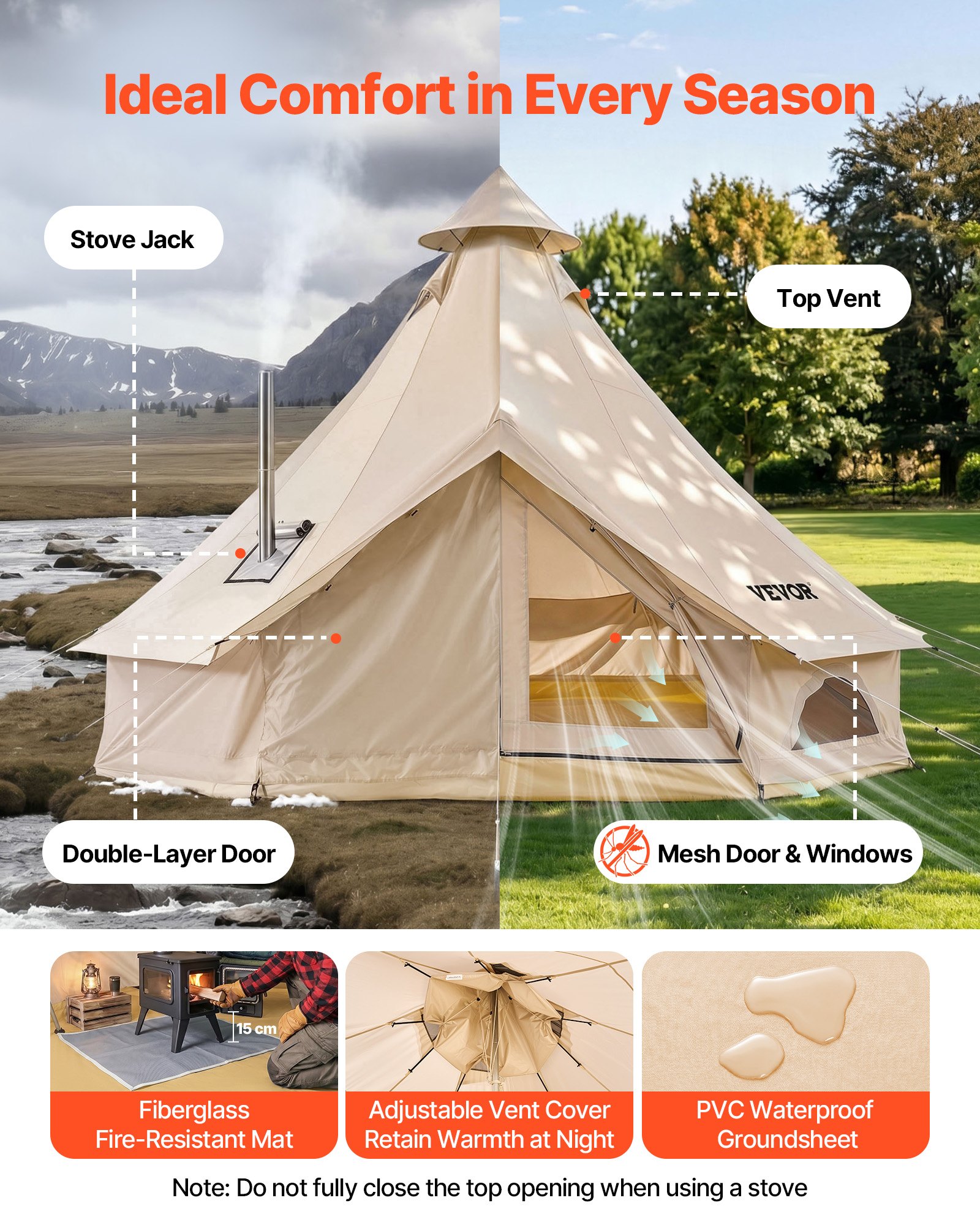 VEVOR Tienda de Campaña para 2-3 Personas, Carpa Yurta de Tela Oxford Impermeable,con Cubierta de Lluvia Salida de Humos Suelo Desmontable Ventana de Malla, para Glamping Camping Outdoor Viajes, Beige