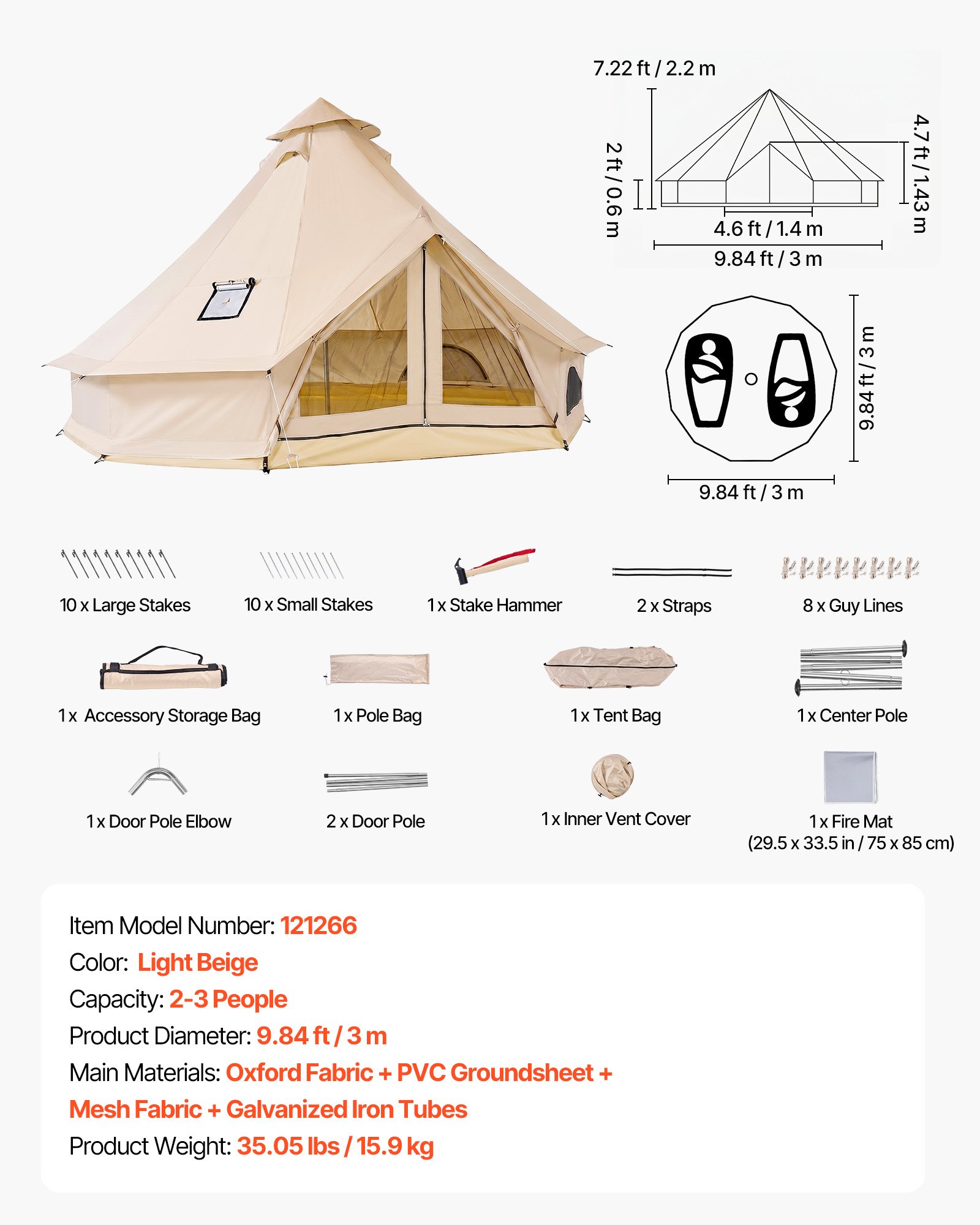 VEVOR Tienda de Campaña para 2-3 Personas, Carpa Yurta de Tela Oxford Impermeable,con Cubierta de Lluvia Salida de Humos Suelo Desmontable Ventana de Malla, para Glamping Camping Outdoor Viajes, Beige