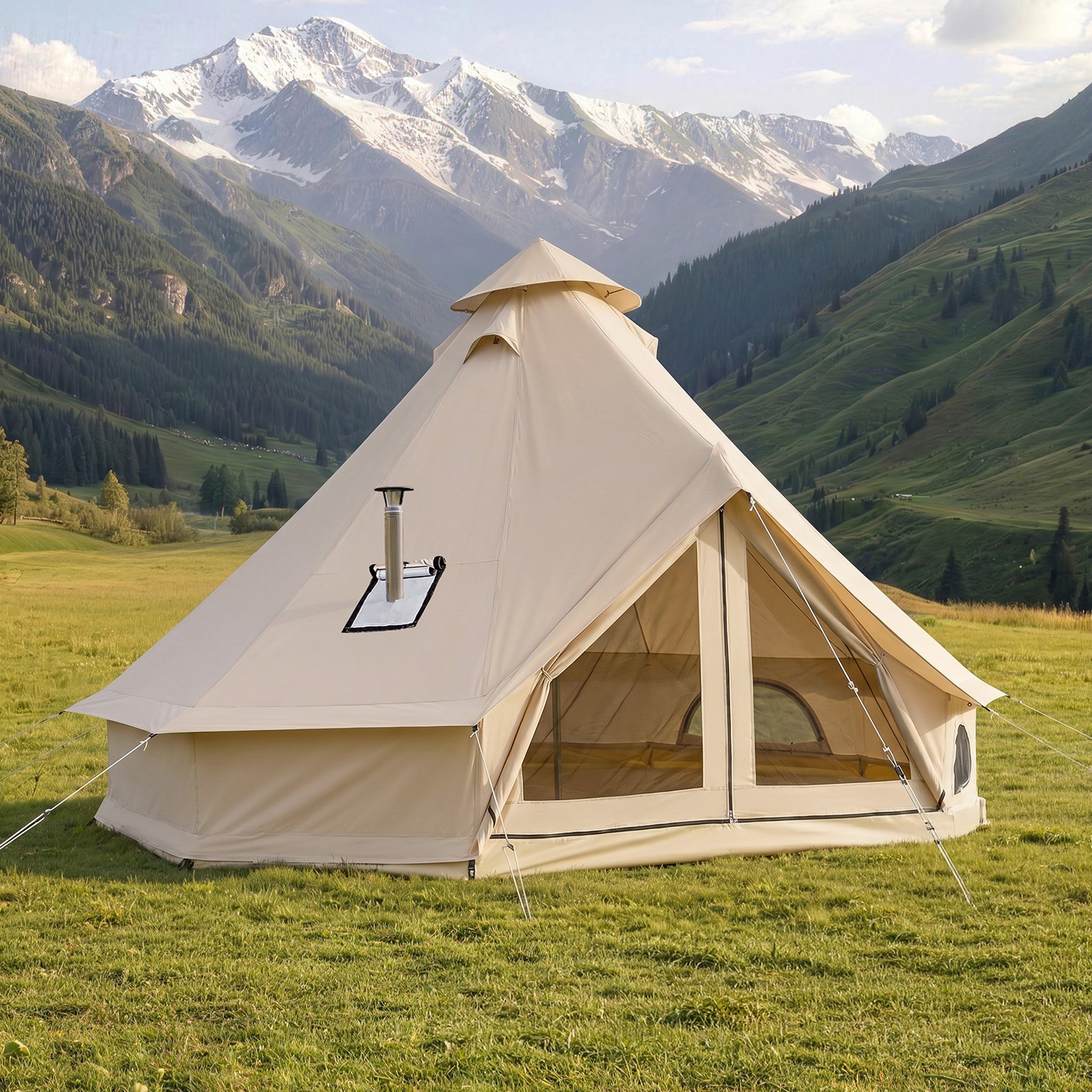 VEVOR Tienda de Campaña para 2-3 Personas, Carpa Yurta de Tela Oxford Impermeable,con Cubierta de Lluvia Salida de Humos Suelo Desmontable Ventana de Malla, para Glamping Camping Outdoor Viajes, Beige